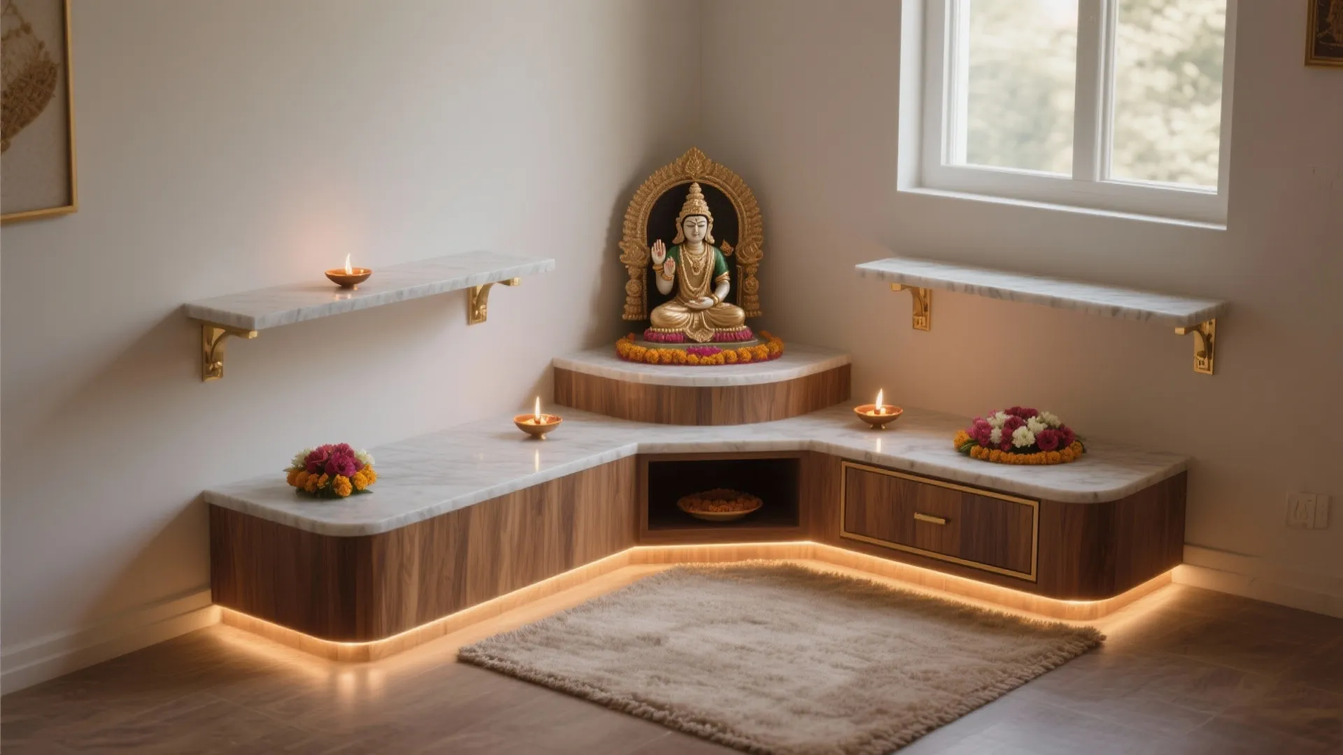 Corner prayer area with wood and marble units gold statue small candles and a soft rug