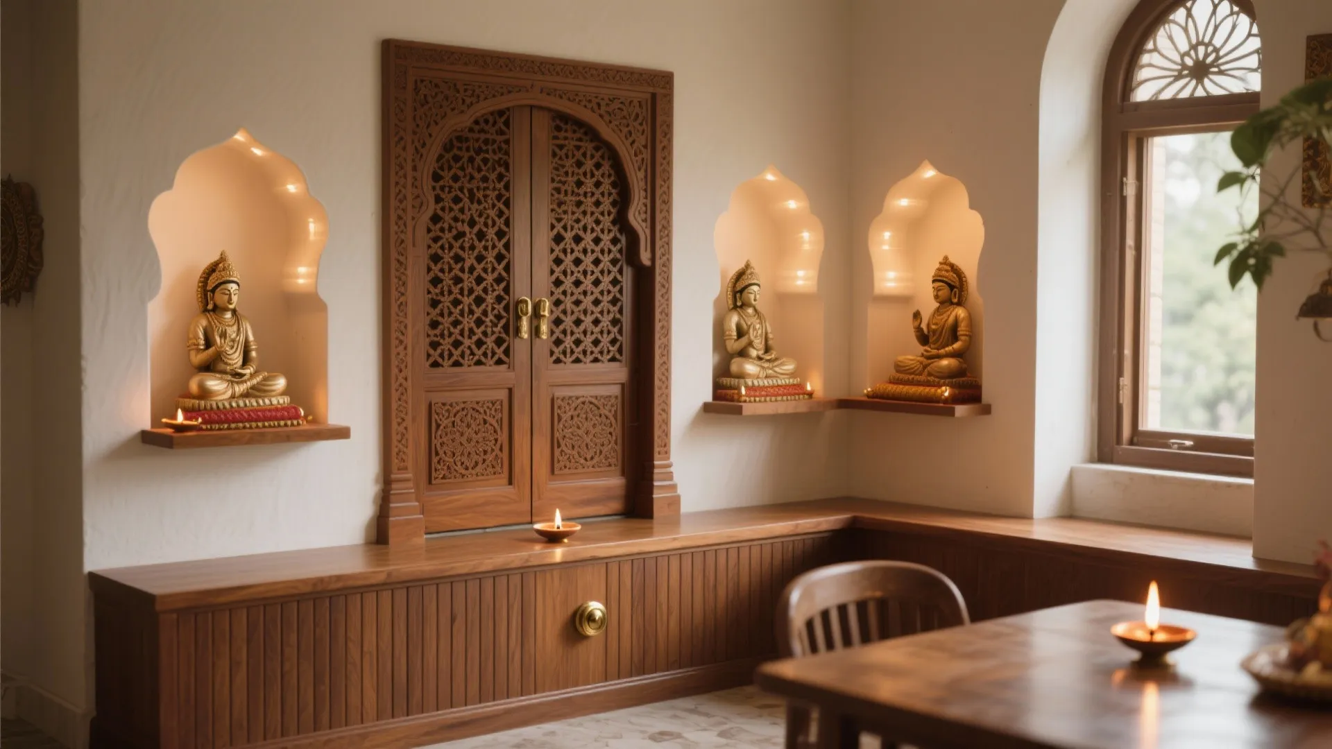 L‑shaped corner mandir that doubles as a display