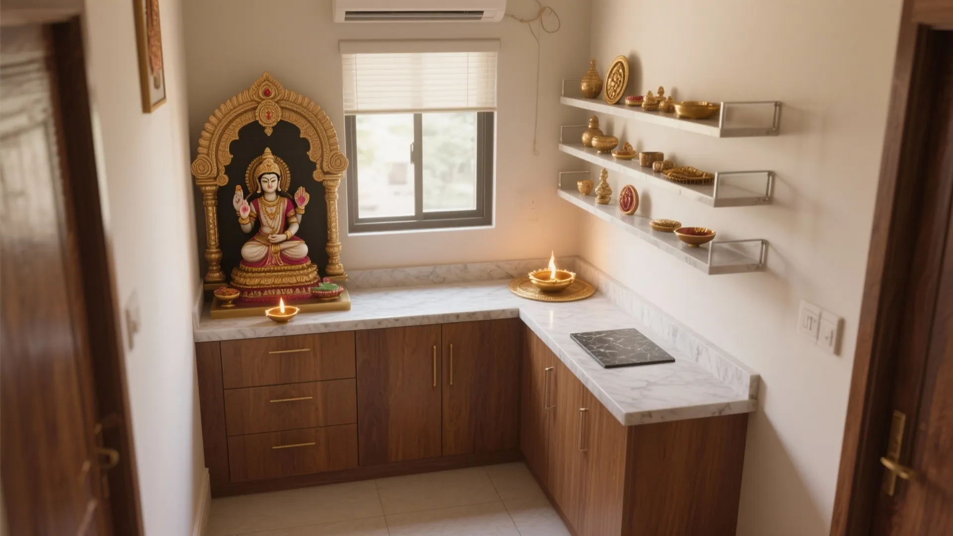 L-shaped corner mandir layout in small homes