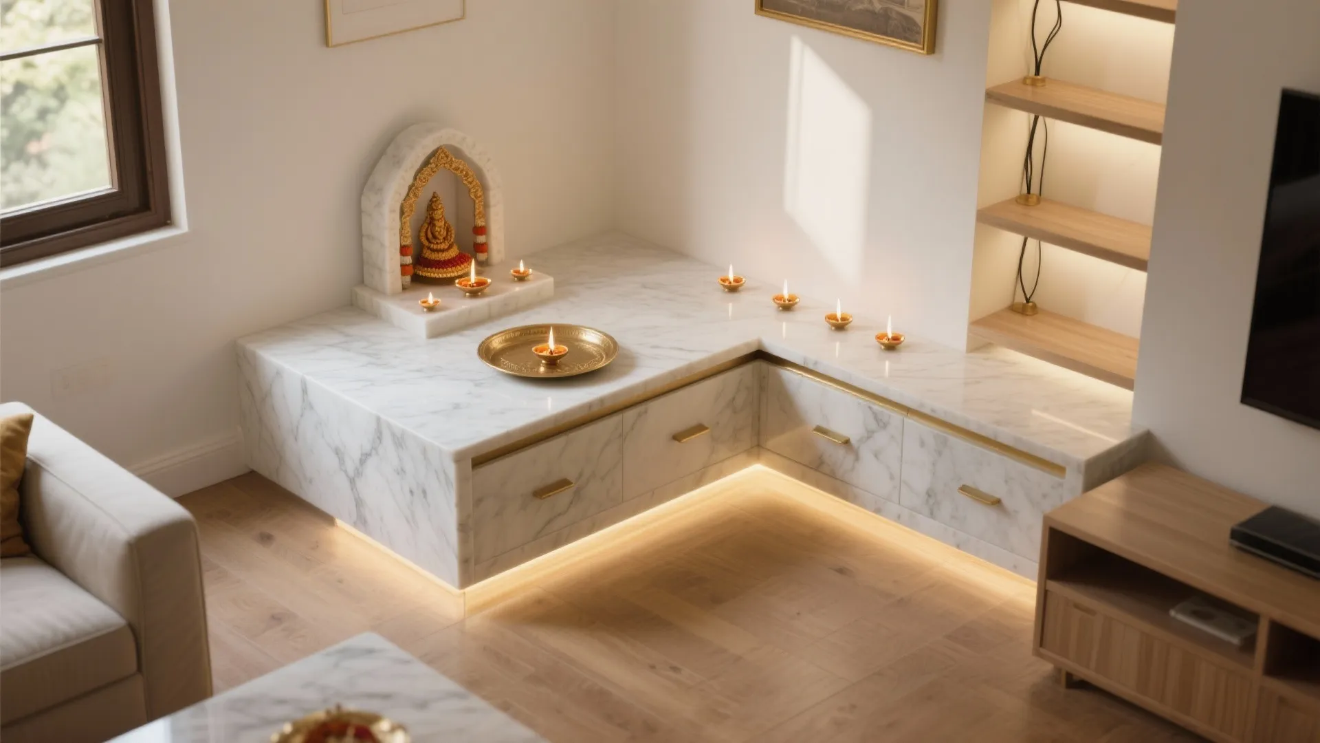 L-shaped marble corner cabinet with drawers and prayer space featuring small lamps and a statue