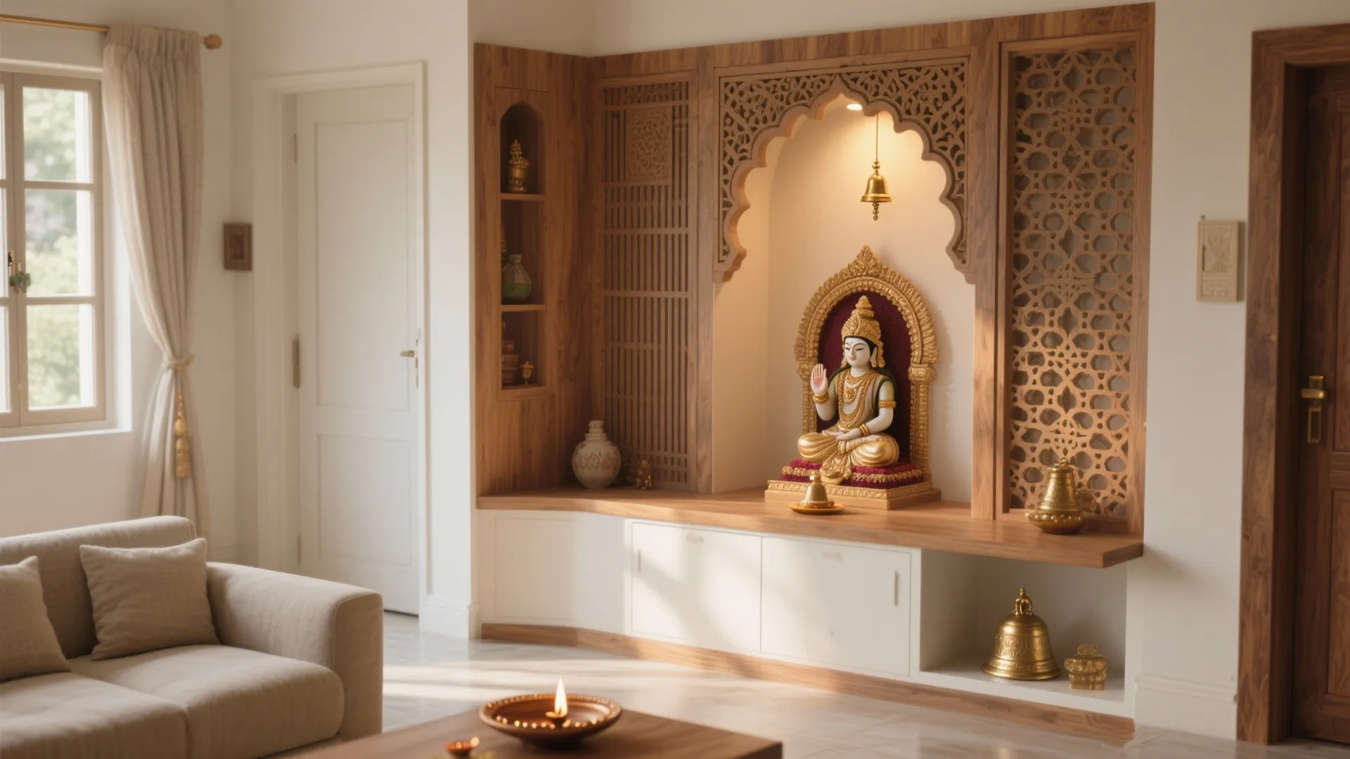 L-shaped corner niche for flow and discreet placement