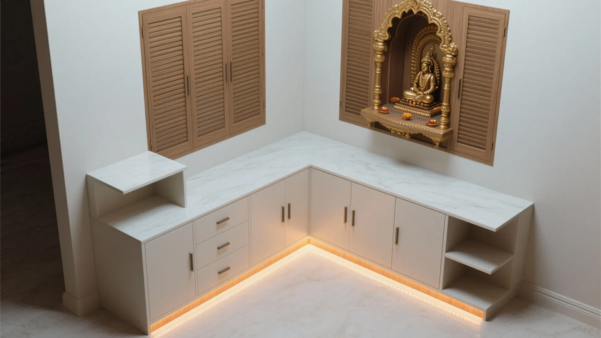 L-Shaped Corner Mandir With Concealed Storage