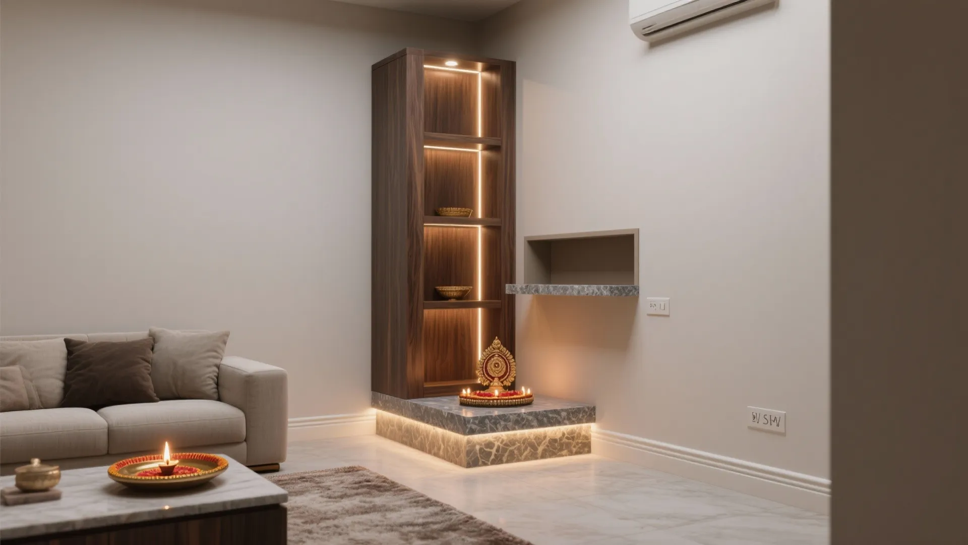 Compact L-shaped corner mandir