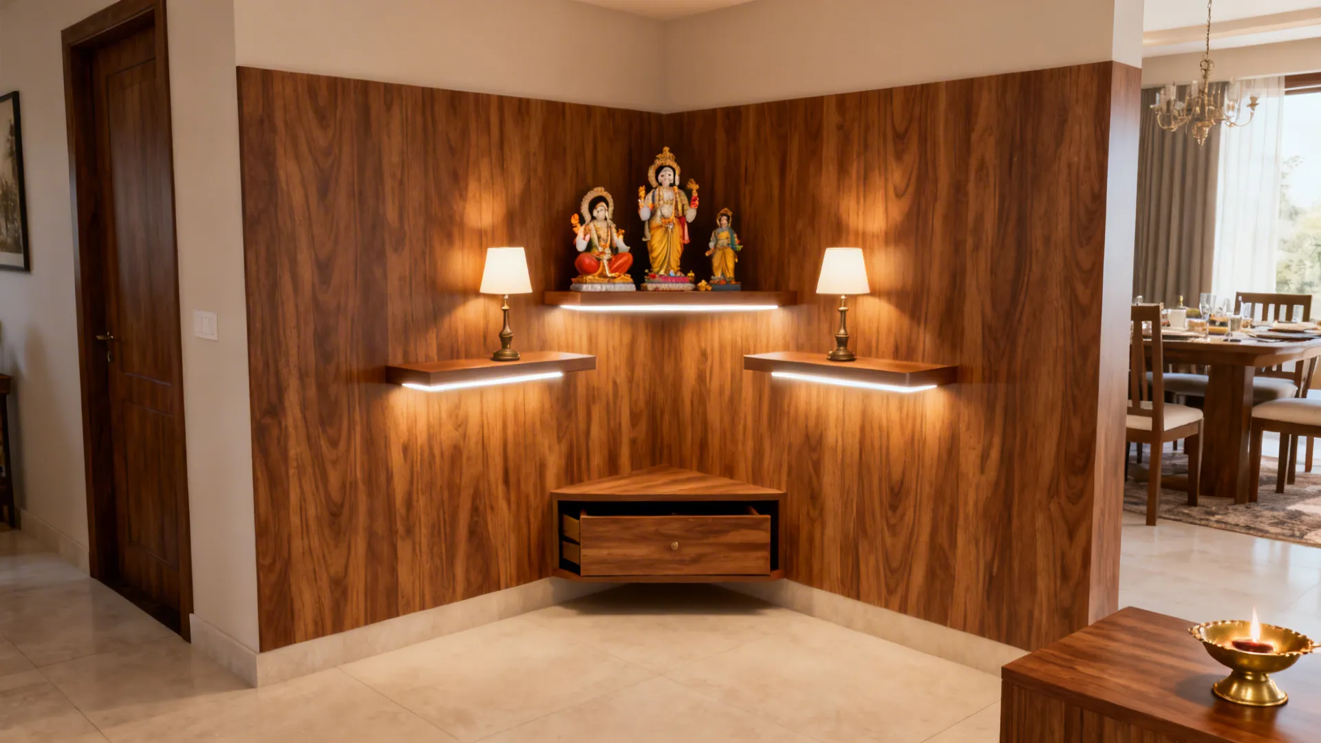 Corner pooja with L-shaped floating ledges, hidden drawer, and warm LED lighting.