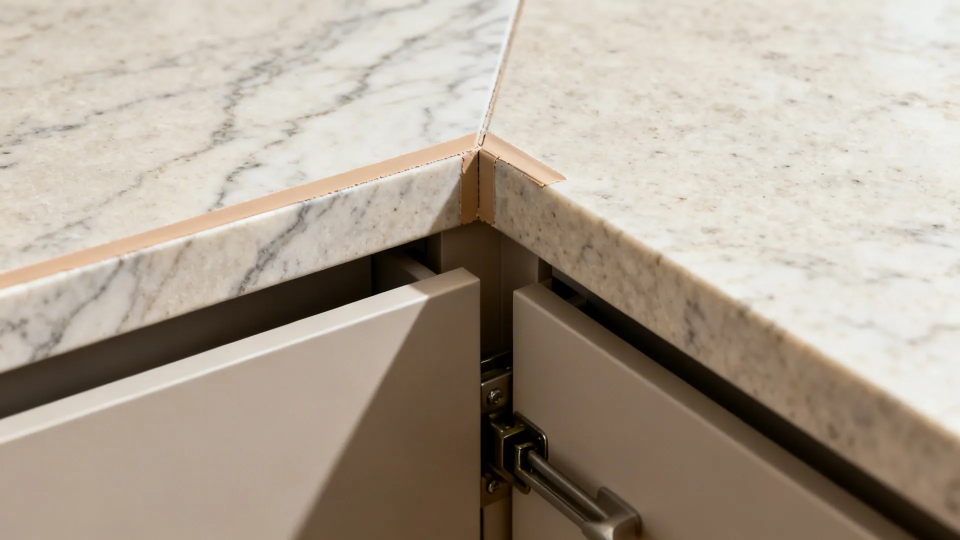 Close-up of L-shaped countertop miter with aligned veining and corner drawer.