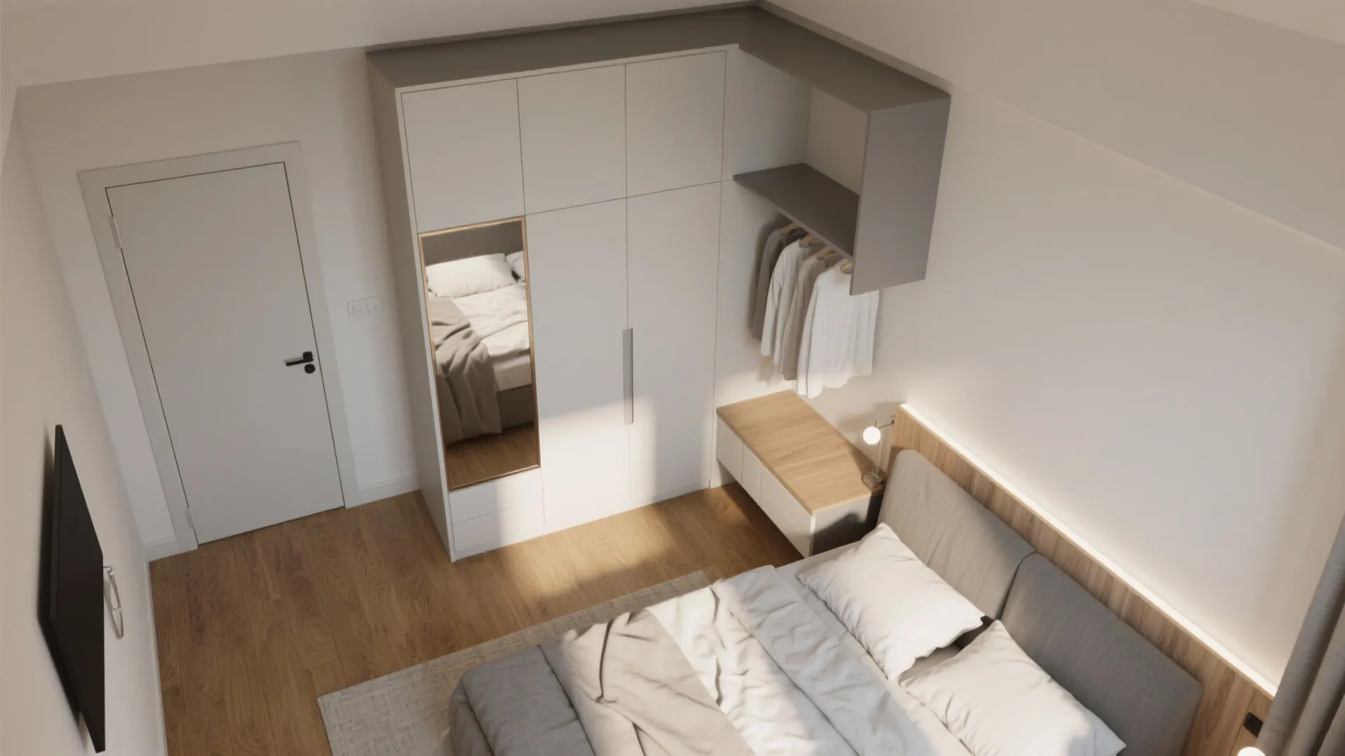 Modern bedroom with white corner cabinet plus wooden floor and grey bed plus large wall mirror