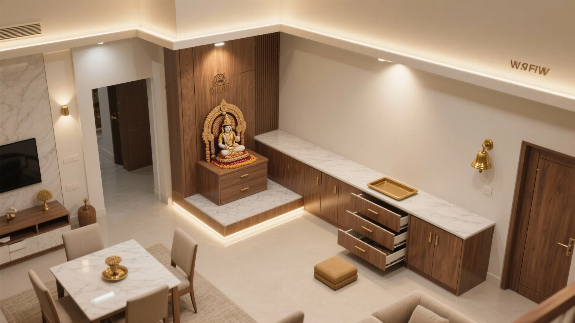 L-Shaped Corner Mandir Layout