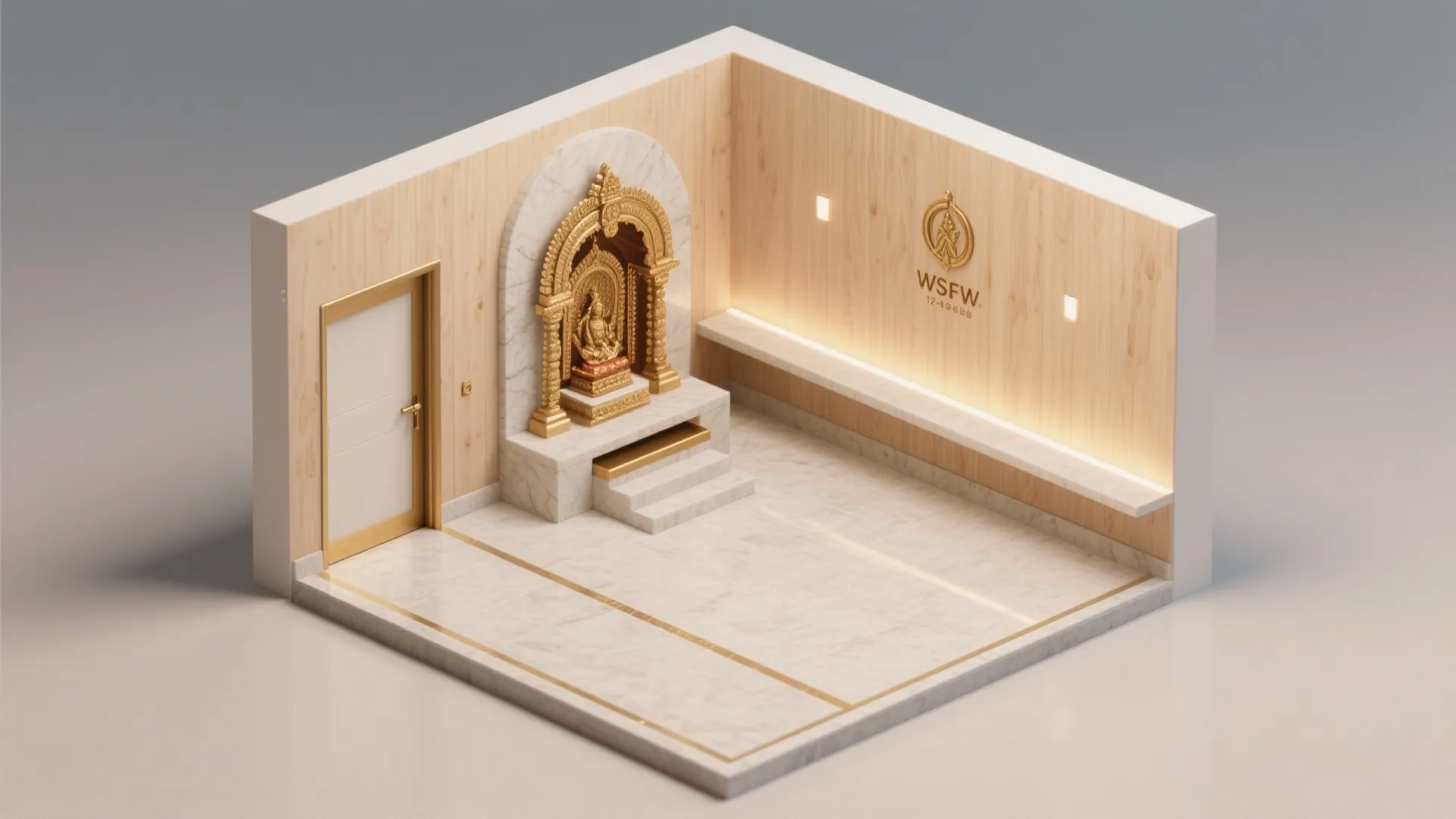Interior design drawing of a small prayer room with wood walls marble floor and golden statue