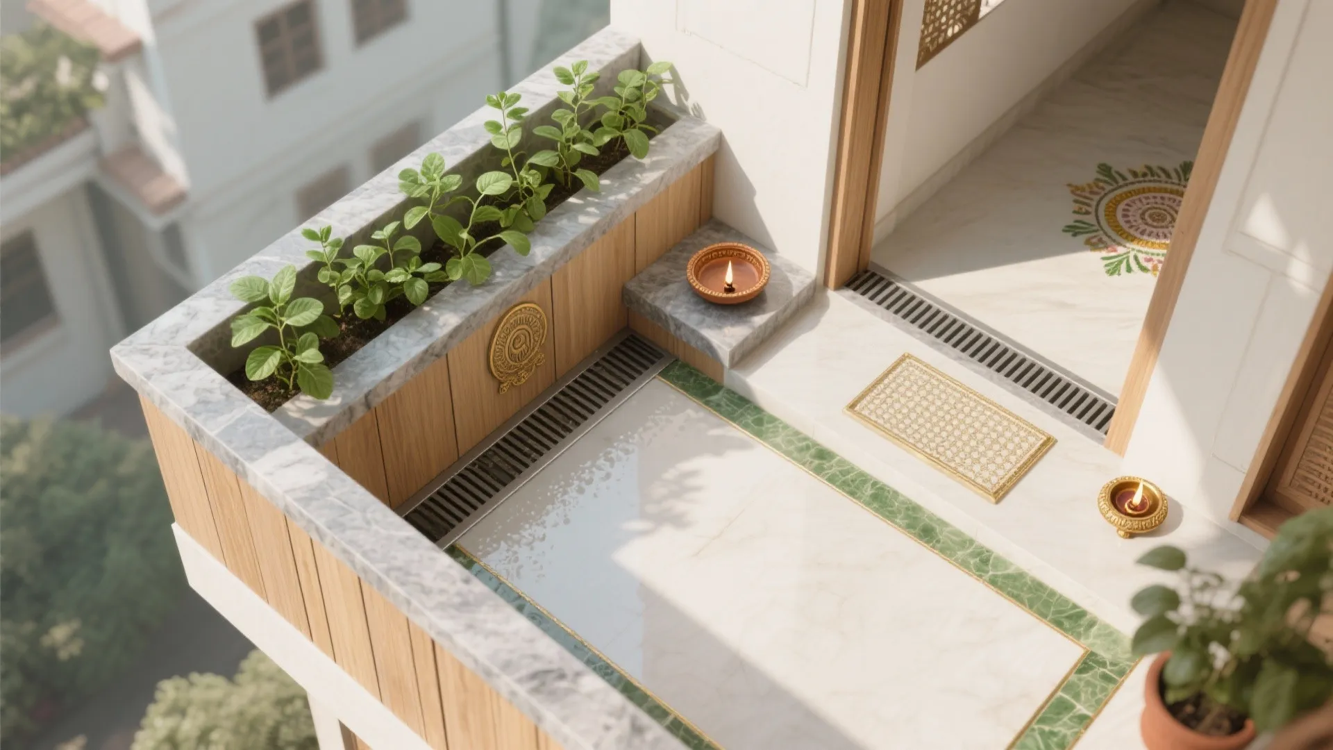 L-shaped corner plinth to save floor space