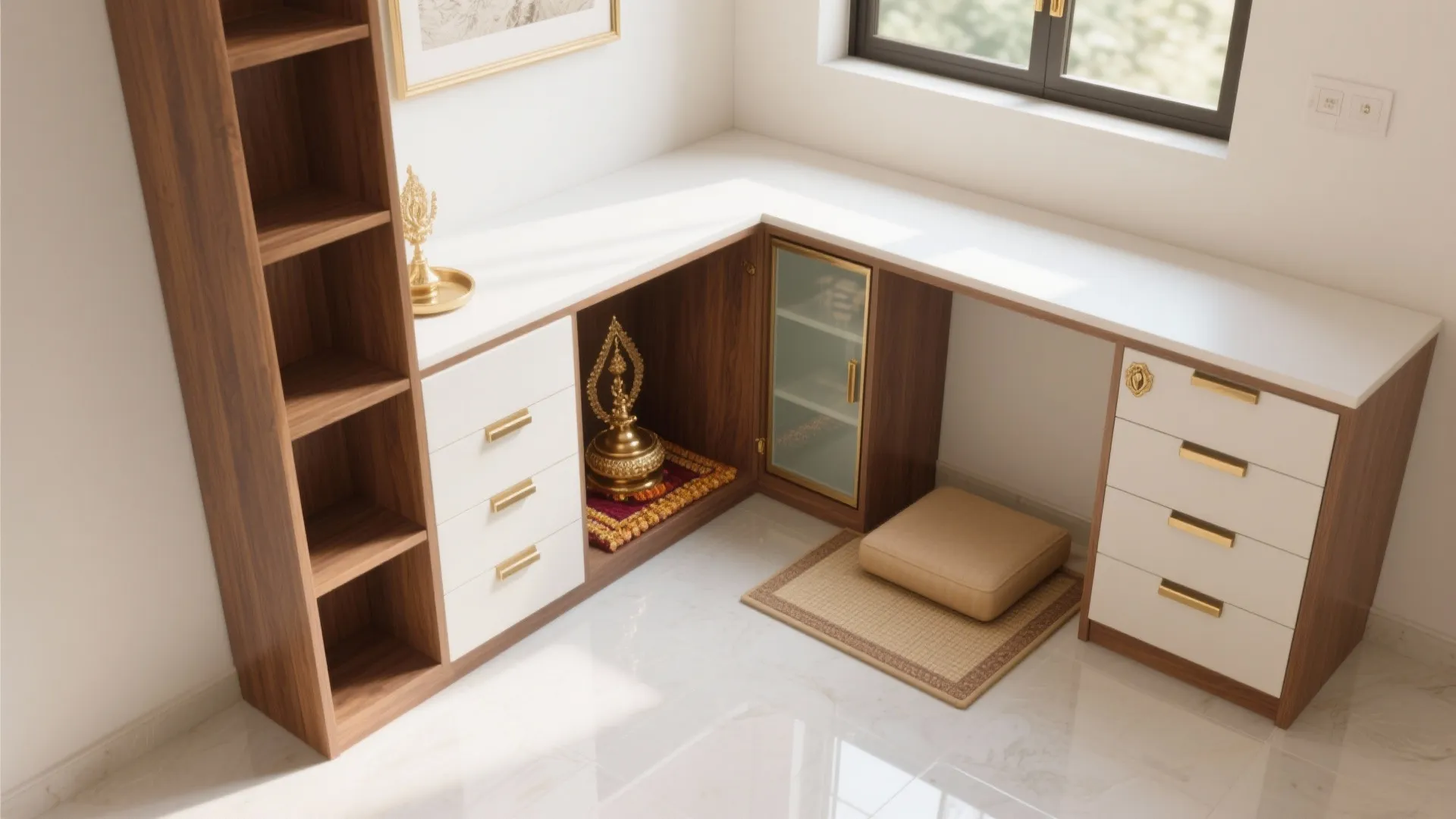 L-shaped corner pooja unit layout