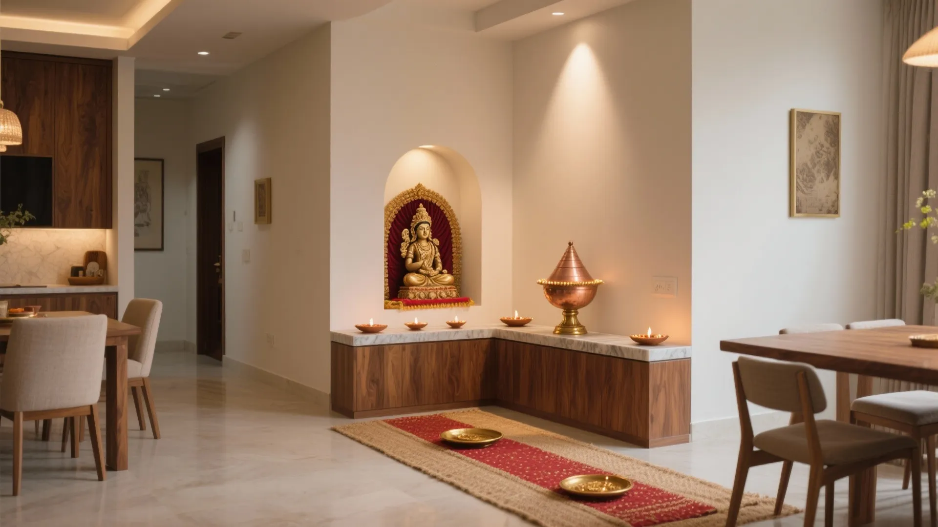 L-Shaped Pooja Corner That Tucks into Living-Dining