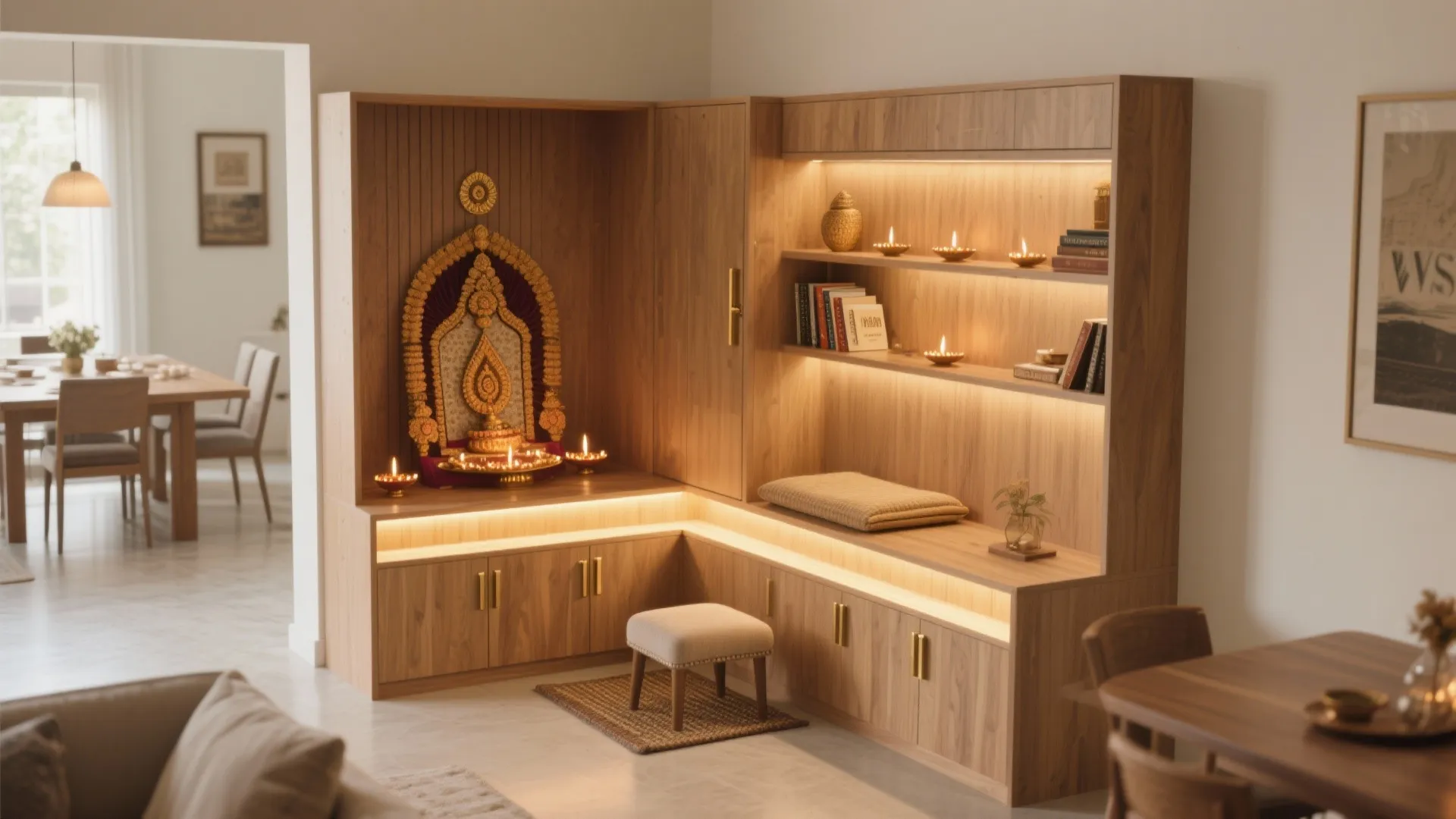 Modern wooden prayer unit with built in lights warm candles small footrest and storage cabinet