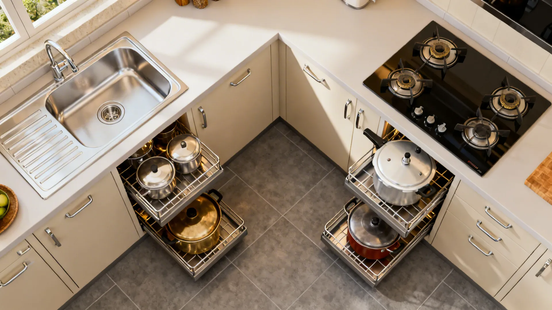 Kitchen corner with sink and stove showing pull out metal storage baskets for cooking pots