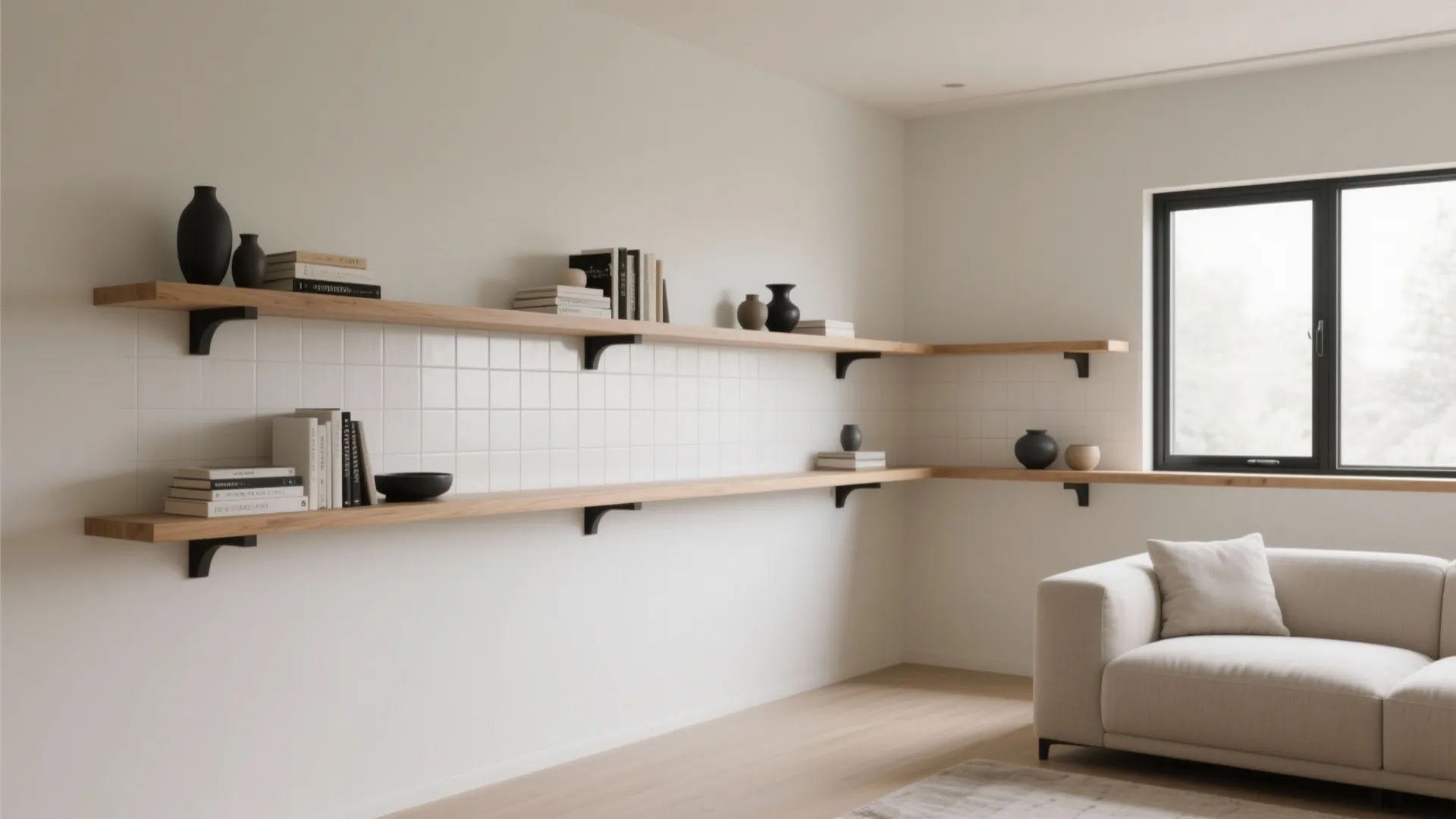 L-shaped floating shelf wraps a room corner above a sofa, creating visual continuity.