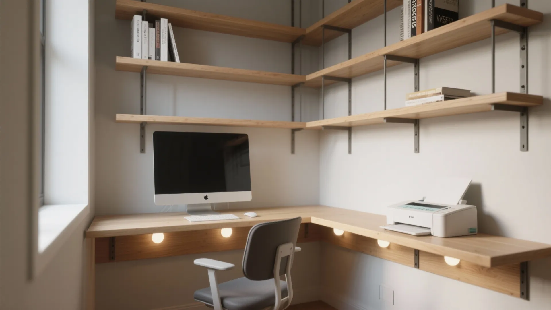 L-shaped wooden desk with desktop computer white printer office chair and wall shelves for books
