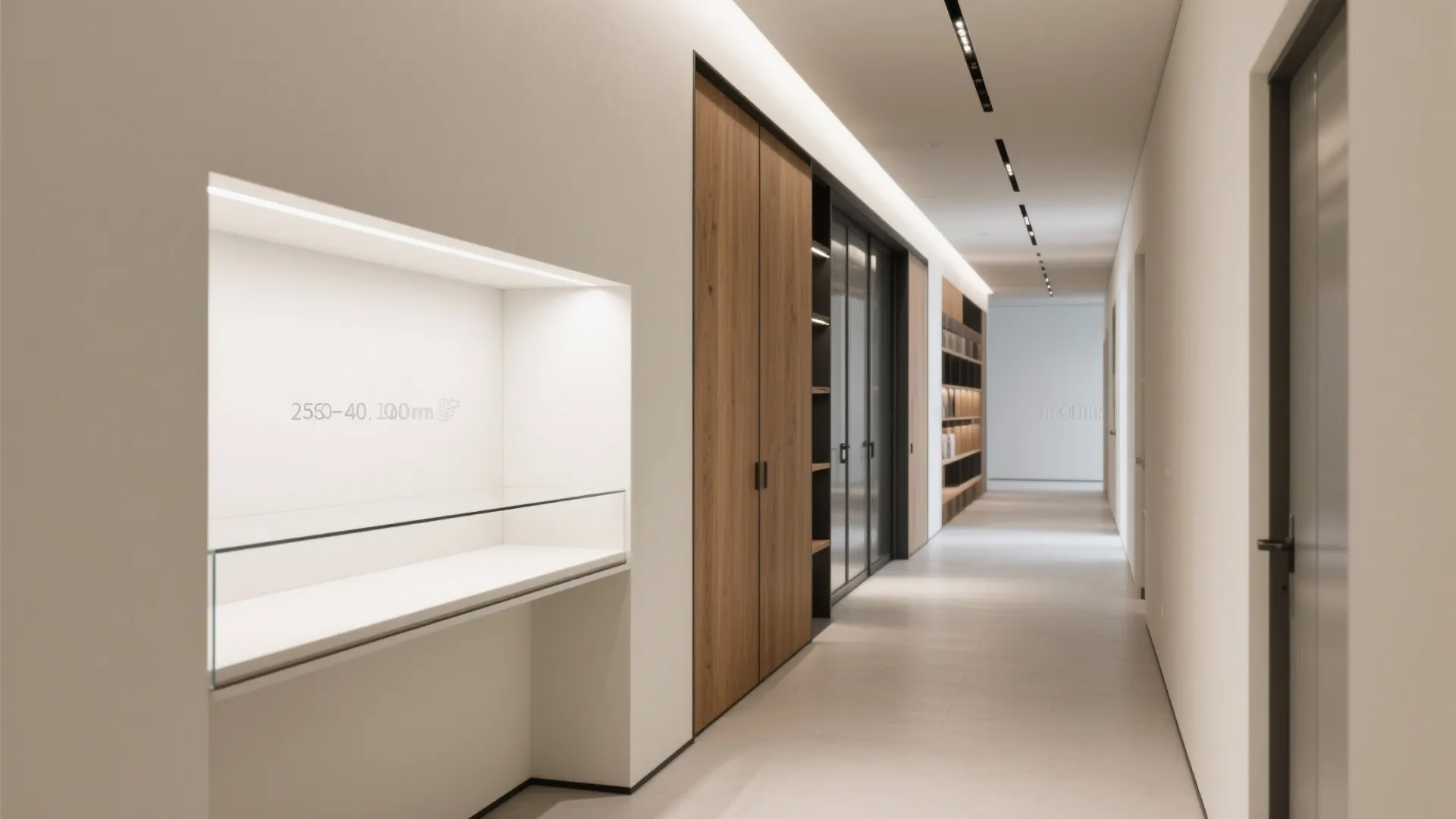 L-shaped corner showcase for narrow halls