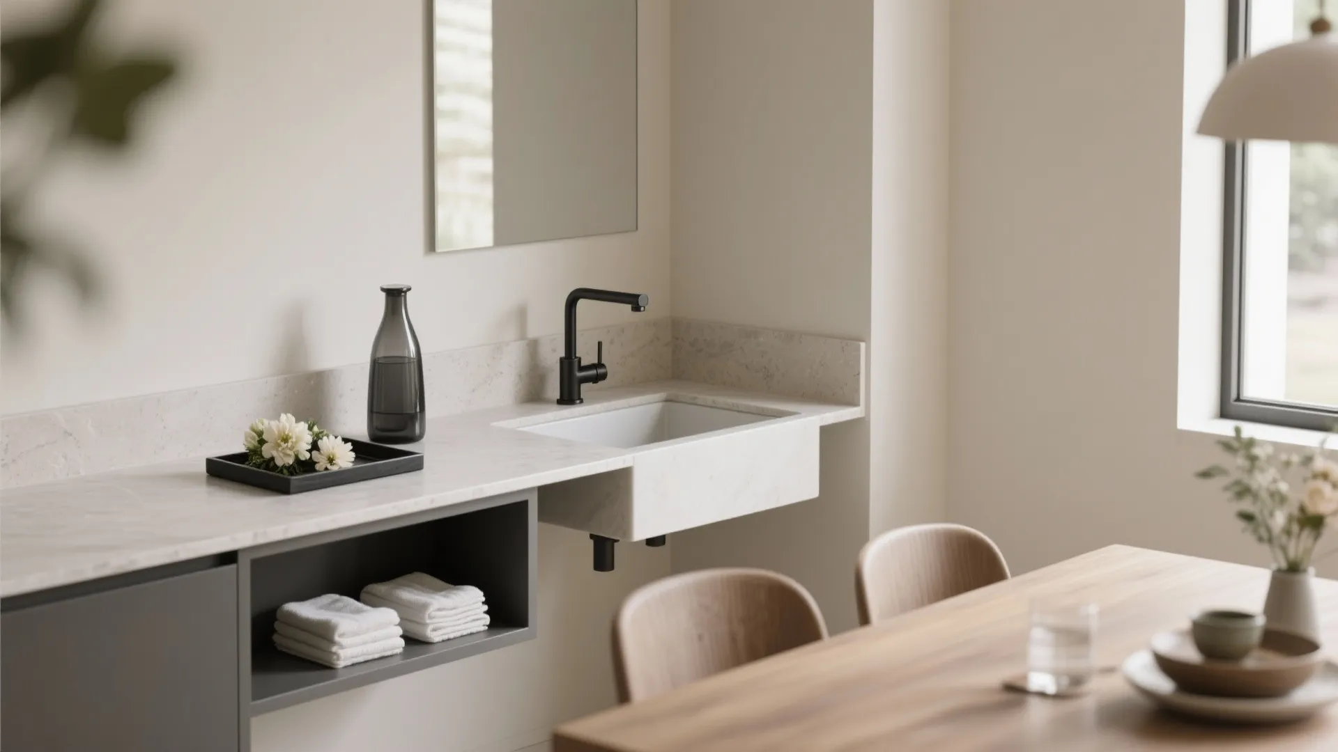 L-shaped corner wash station with open shelf