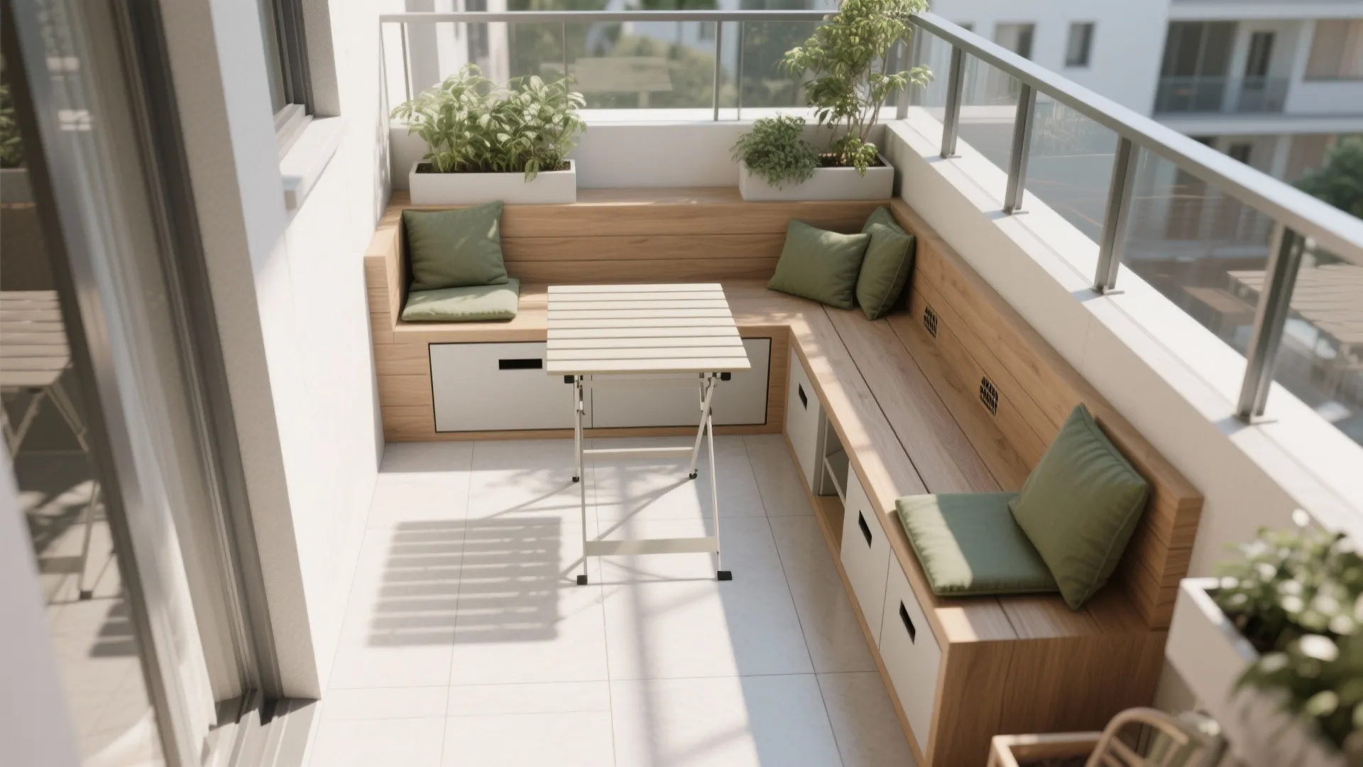 Small apartment balcony featuring wooden corner bench seating with storage and a white folding table
