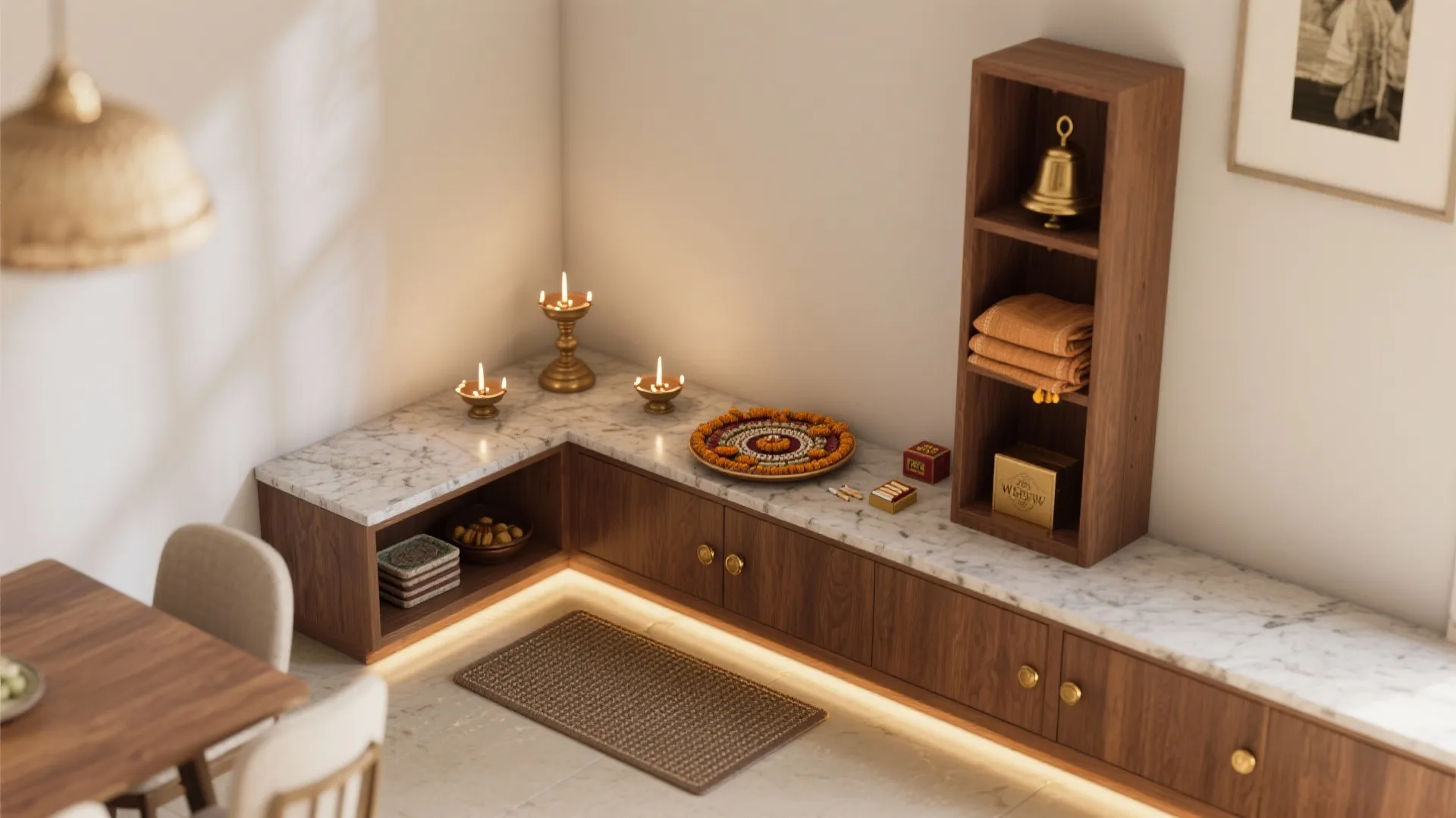 Wooden corner cabinet with marble top, small candles, flower plate, and tall wall storage unit