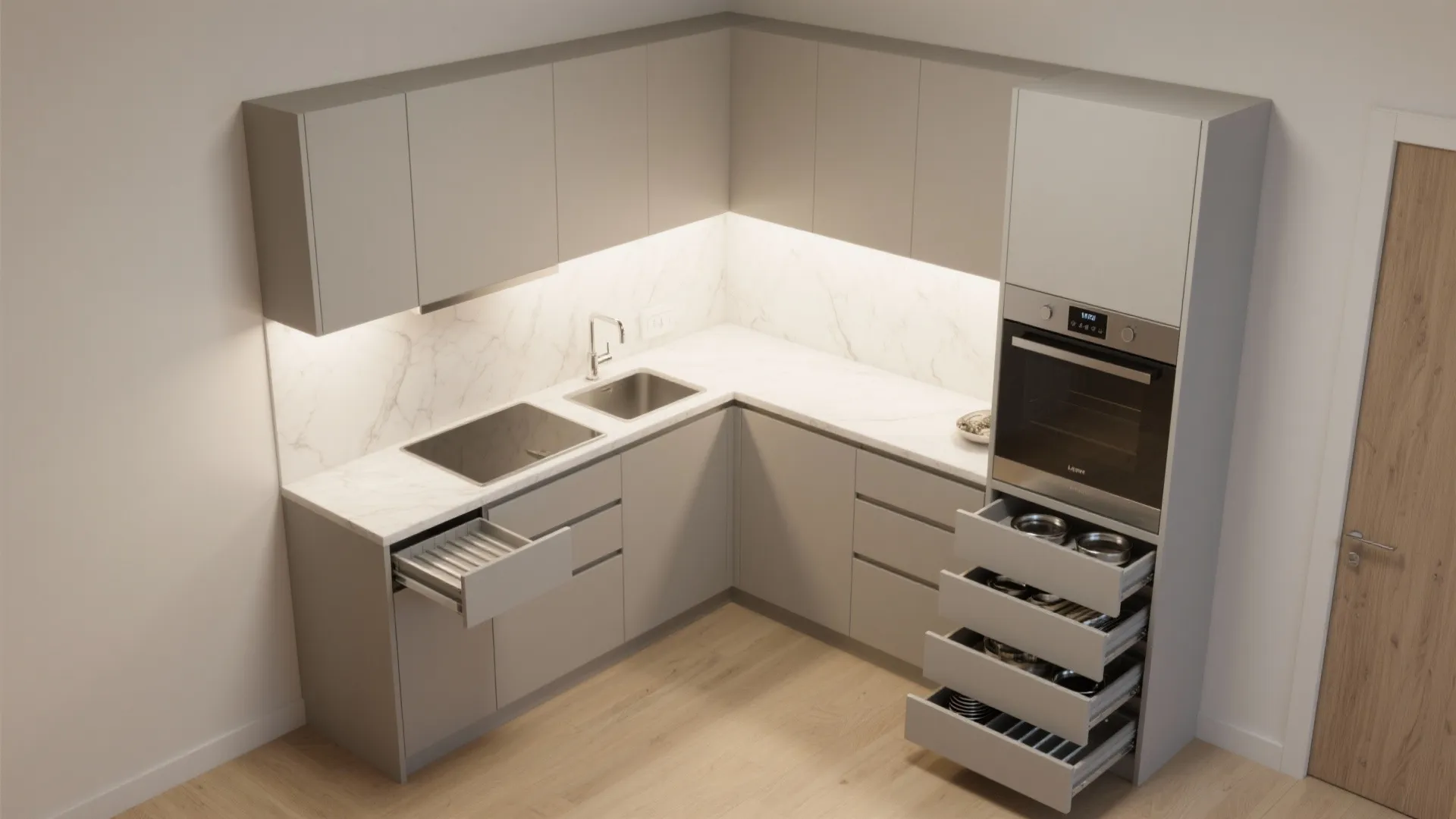 Corner-savvy L-shaped cabinetry