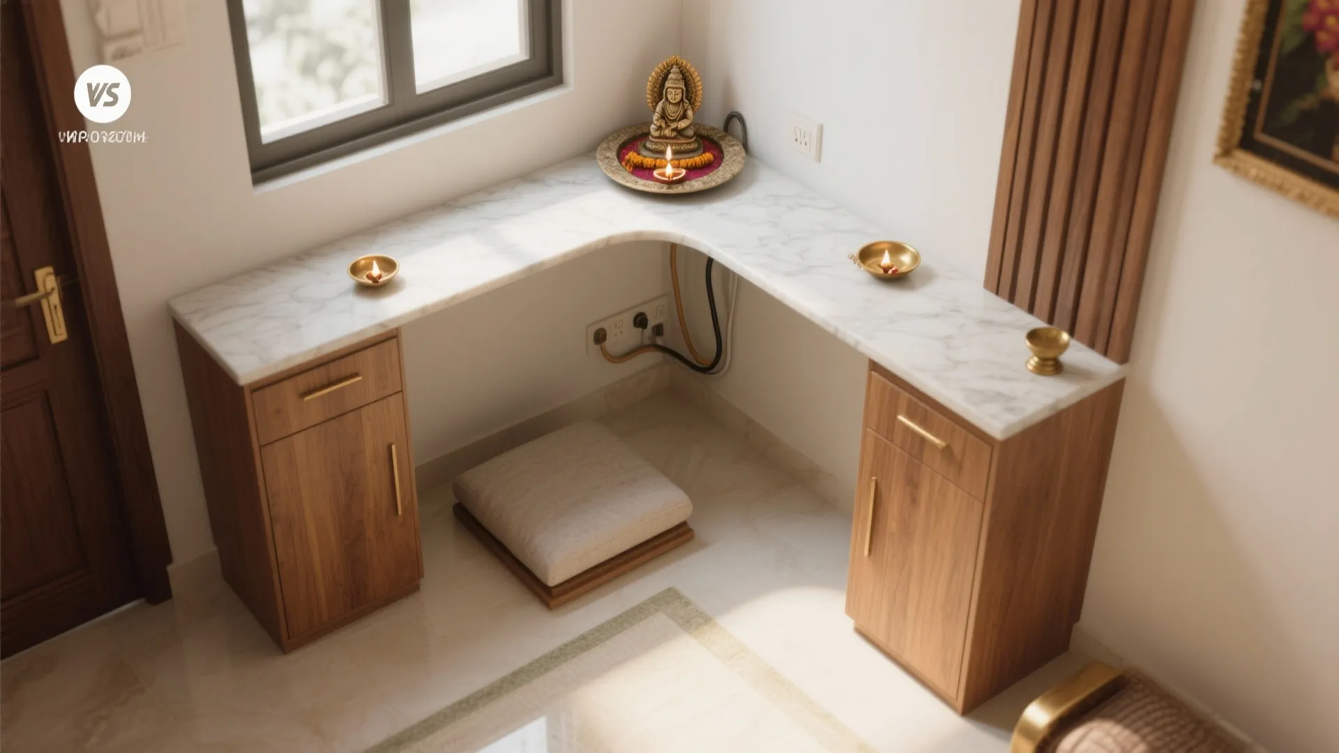 L-Shaped Corner Puja Nook to Maximize Counter Space