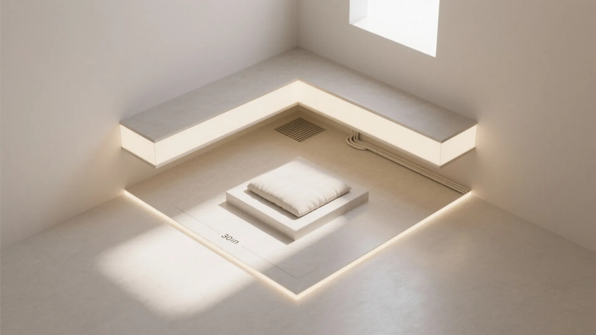 Interior design drawing showing a 30 inch corner seating area with light strips and white cushion