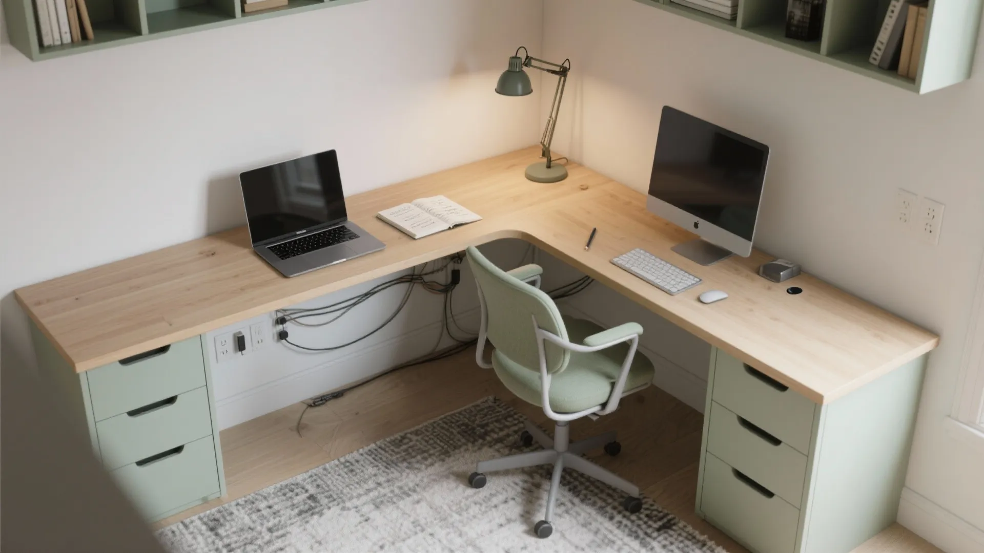 L-Shaped Desk and Corner Zoning (One Corner, Two Tasks)