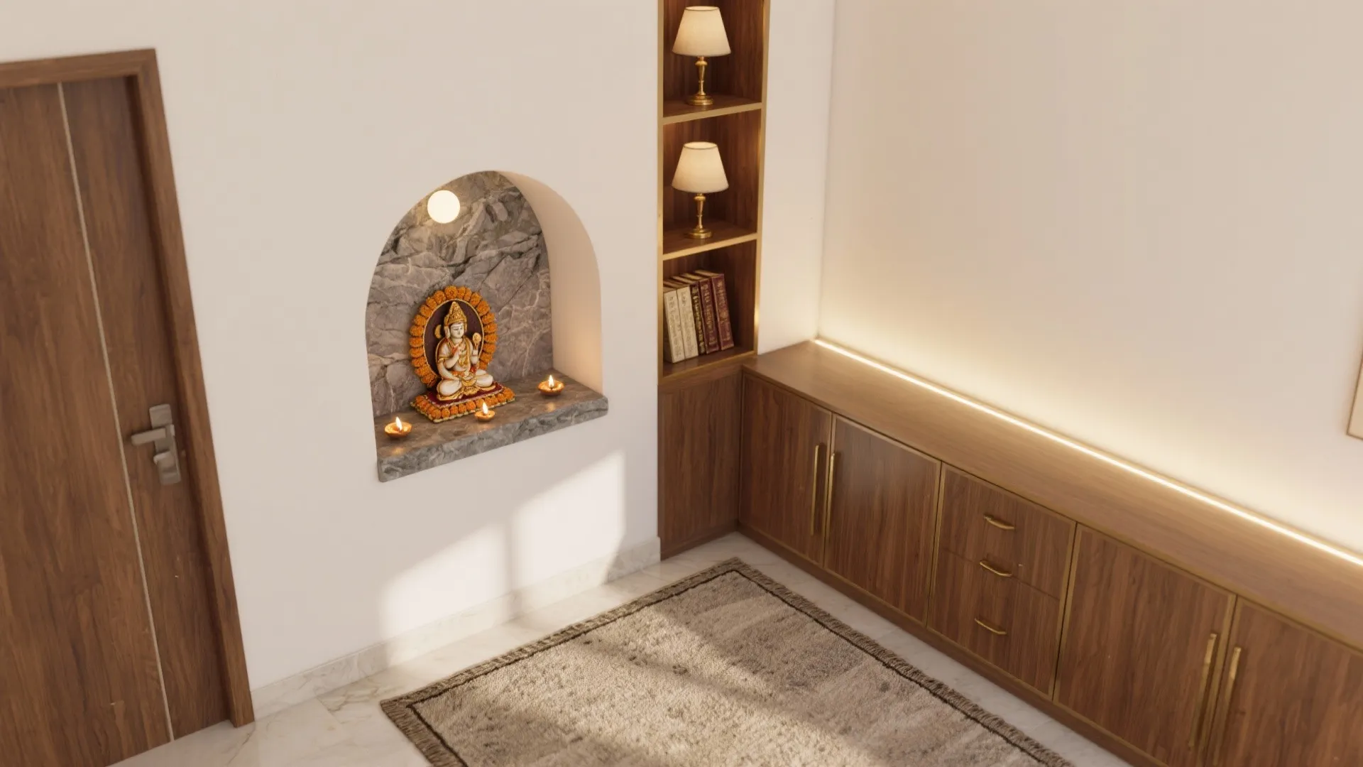 L-shaped corner niche that respects circulation