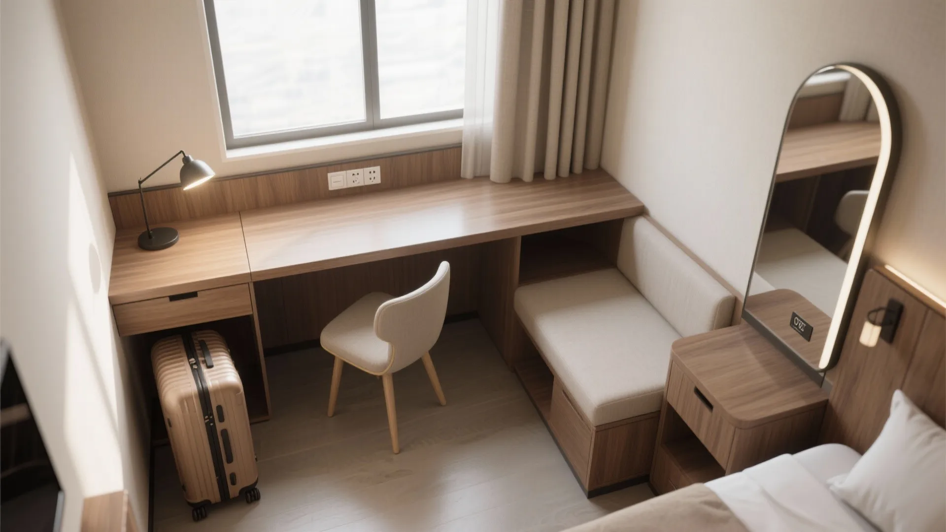 Modern hotel room corner with long wooden desk white chair brown suitcase and mirror light