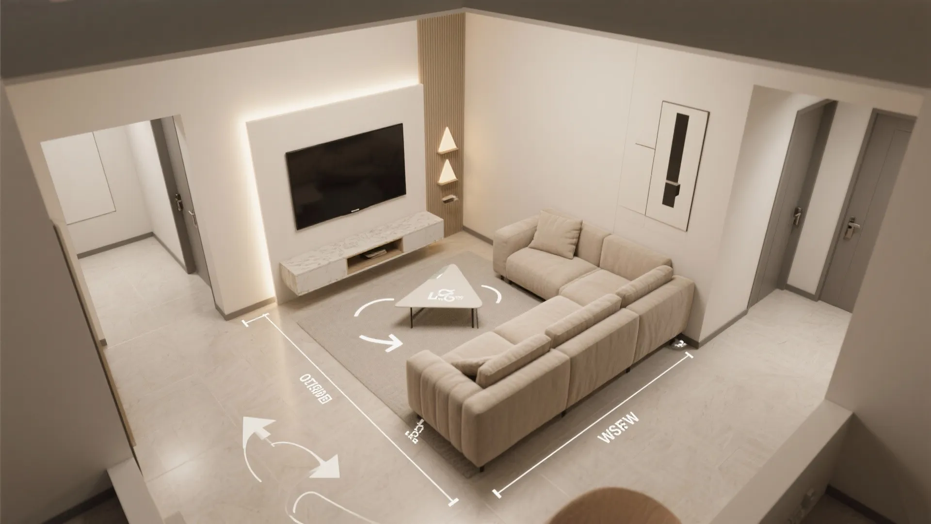 L-shaped micro living zone with corner TV