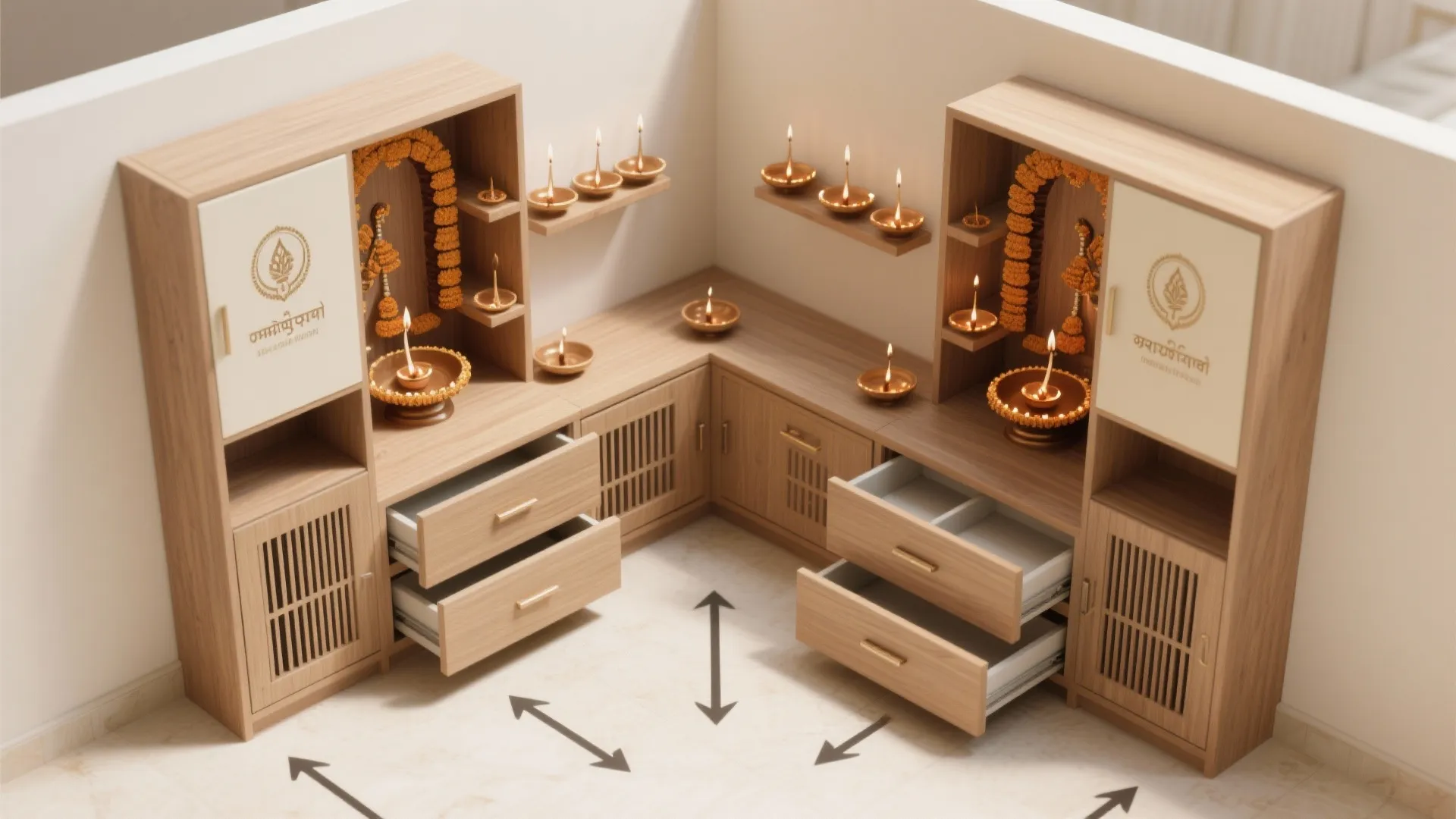 L shaped wooden storage cabinet with open drawers showing room layout and several small oil lamps