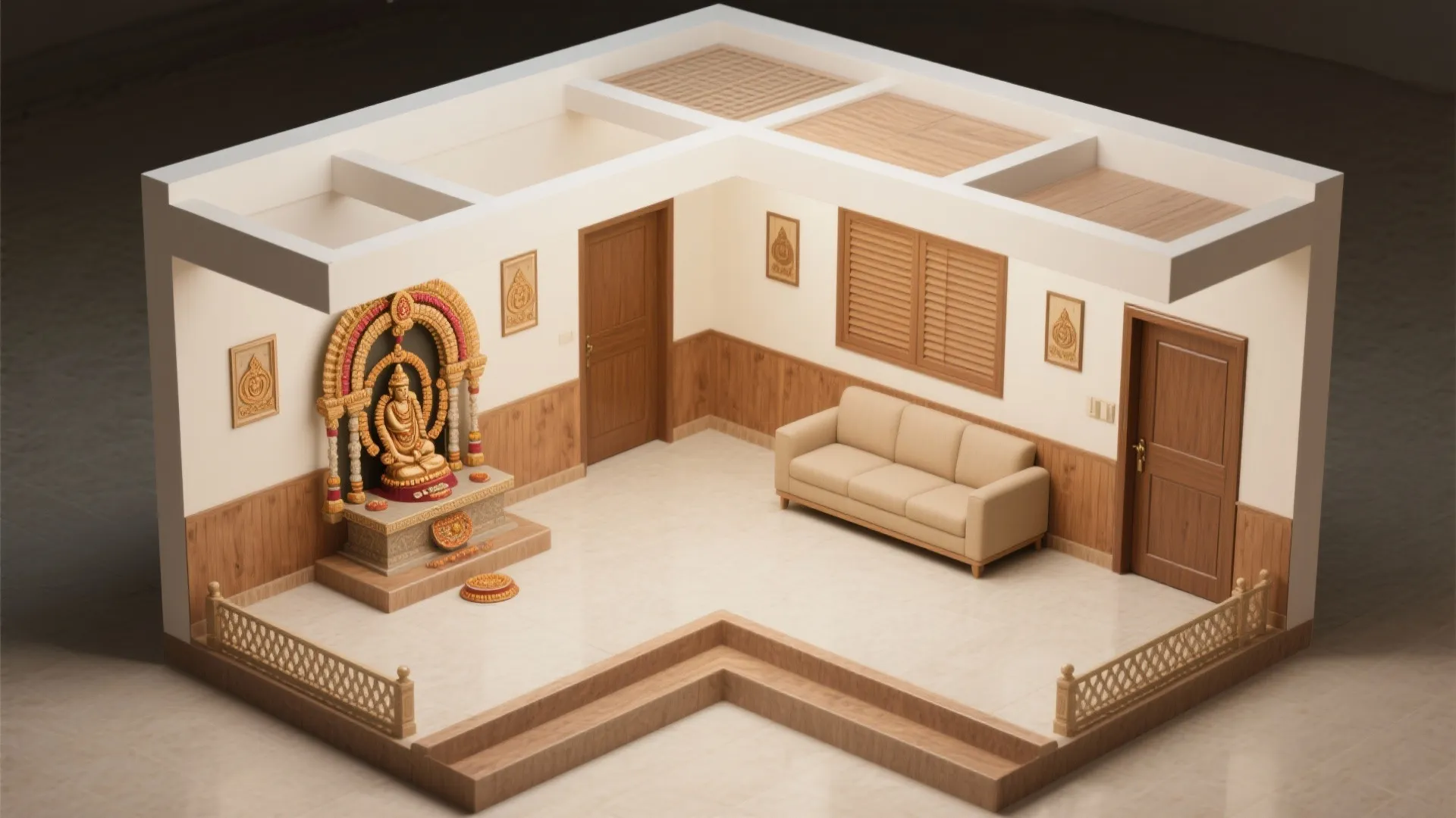 Top-down plan view of an L-shaped corner mandir layout showing rotation, clearances, and furniture.