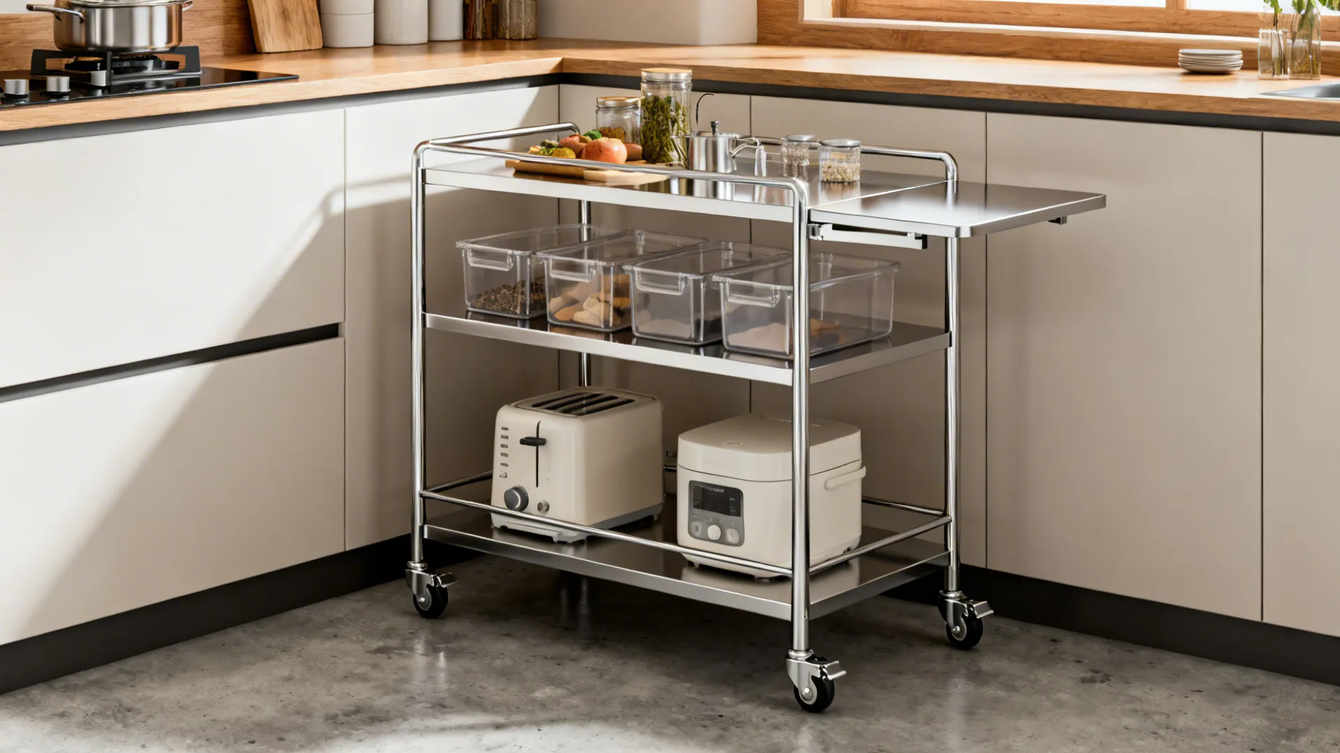 Three tier metal kitchen trolley holding glass jars, toaster, and a small white rice cooker