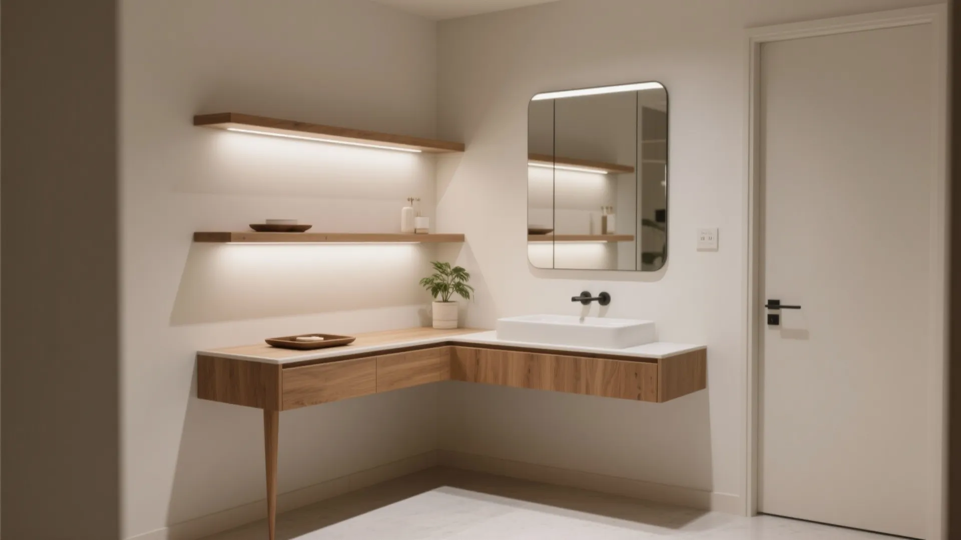 L-shaped corner vanity to maximize a niche