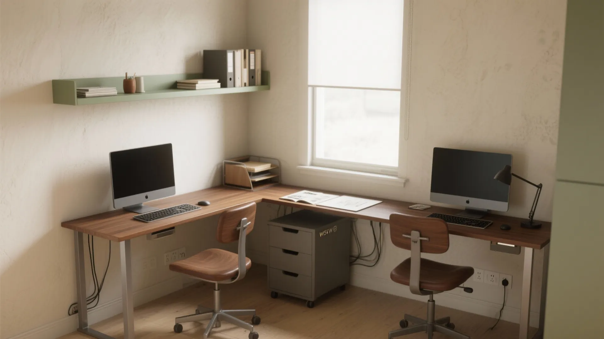 Long wooden corner desk for two people with computers wooden chairs green shelf and windows