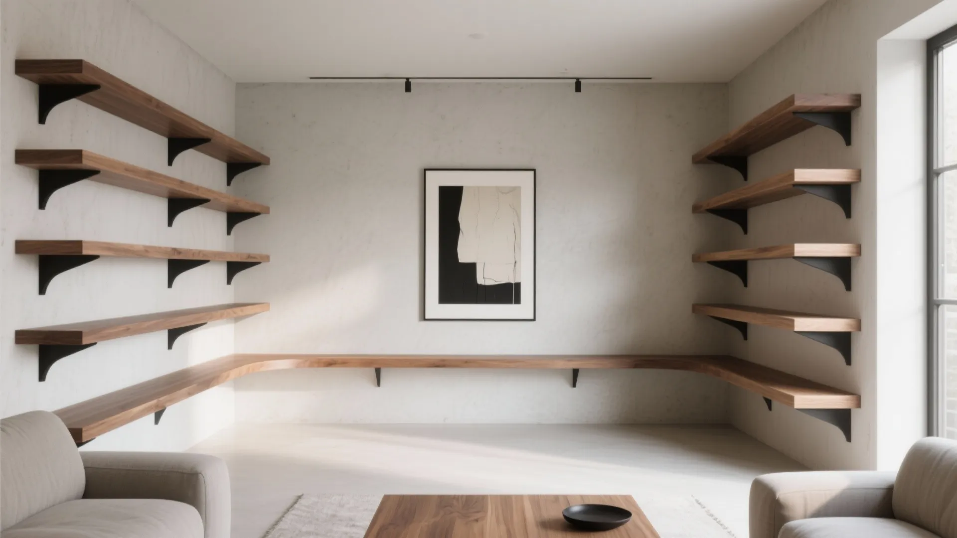 Wrap-around L-shaped living room shelves with a gentle curved corner and minimal styling in warm oak.