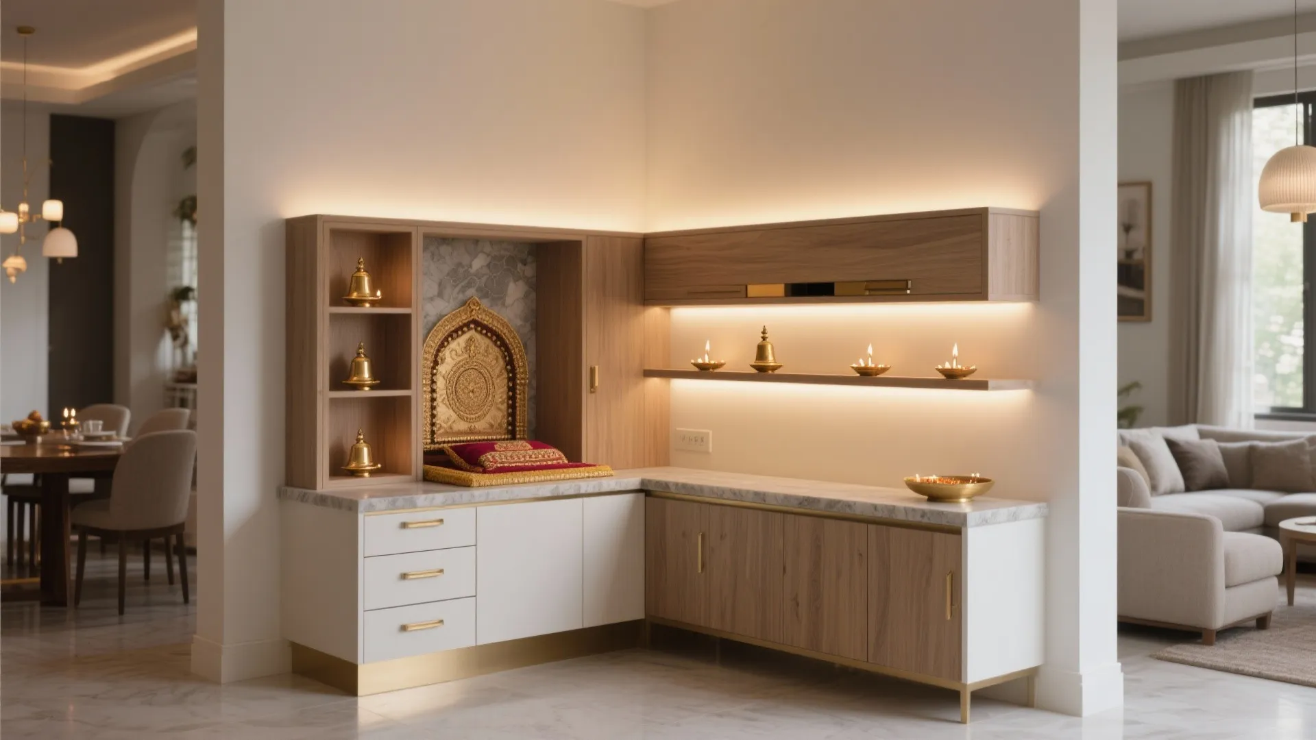 Modern L-shaped wooden cabinet with marble countertop featuring small bells and decorative lighting in room