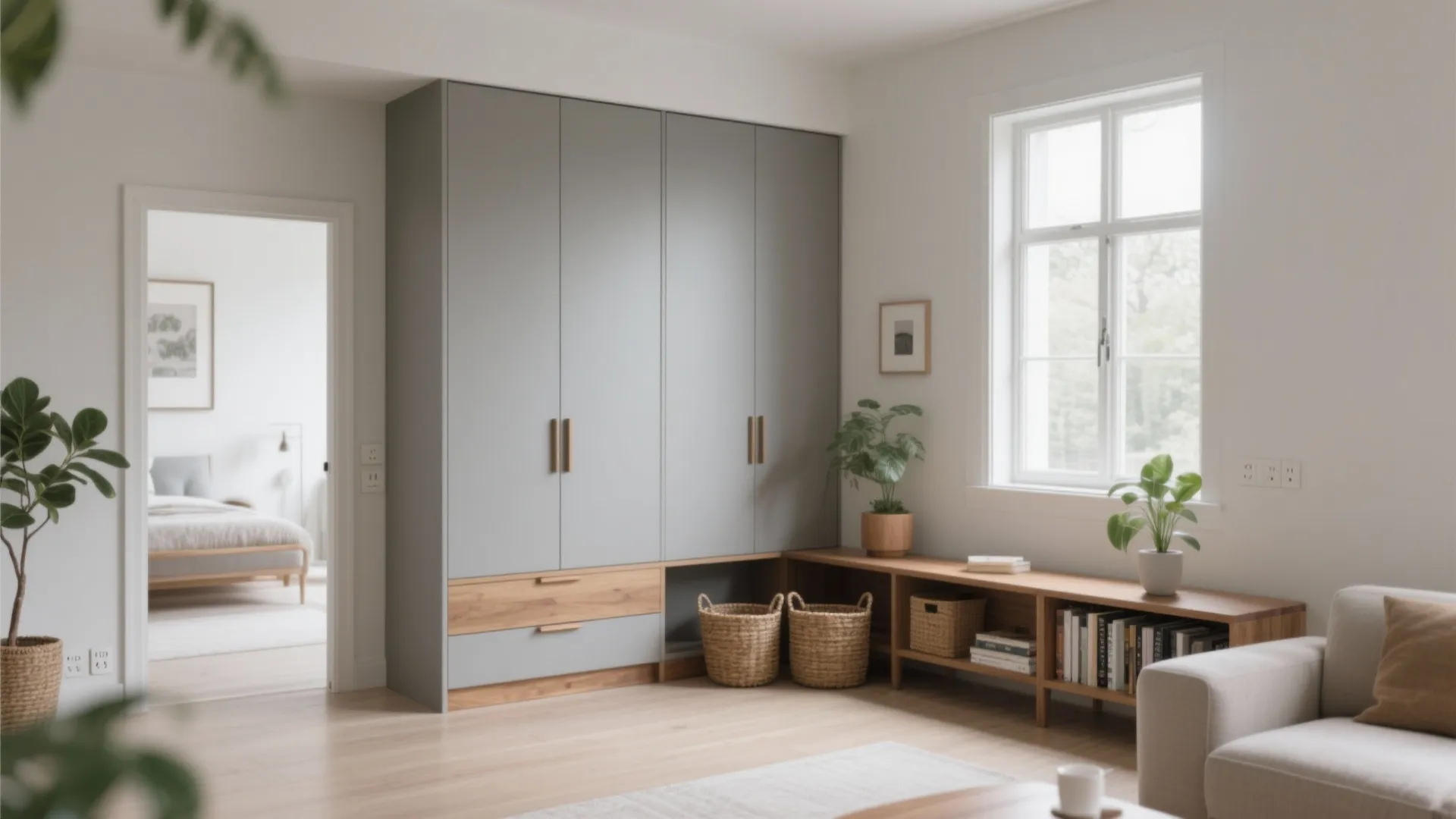 Modern grey wardrobe and wooden storage unit in bright living room with plants and windows