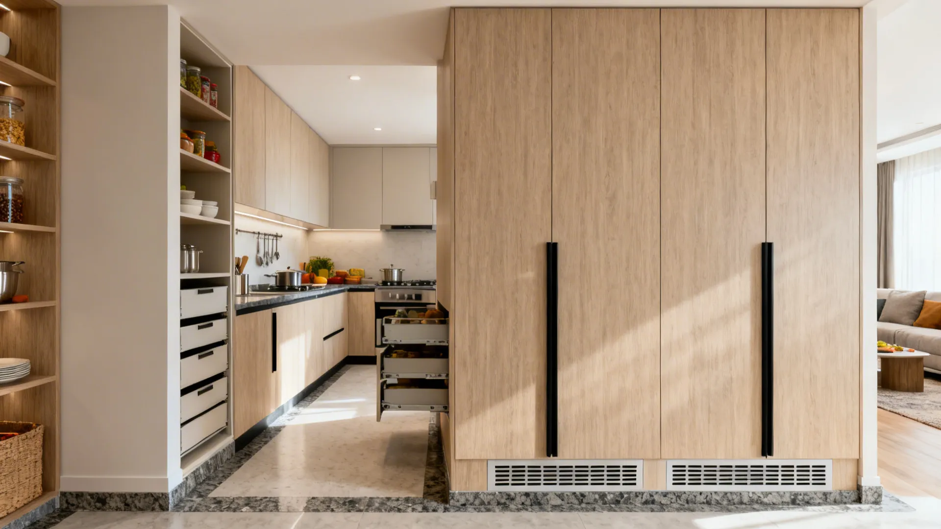 L-shaped kitchen entry with a tall 400 mm-deep pantry wall creating storage and privacy.
