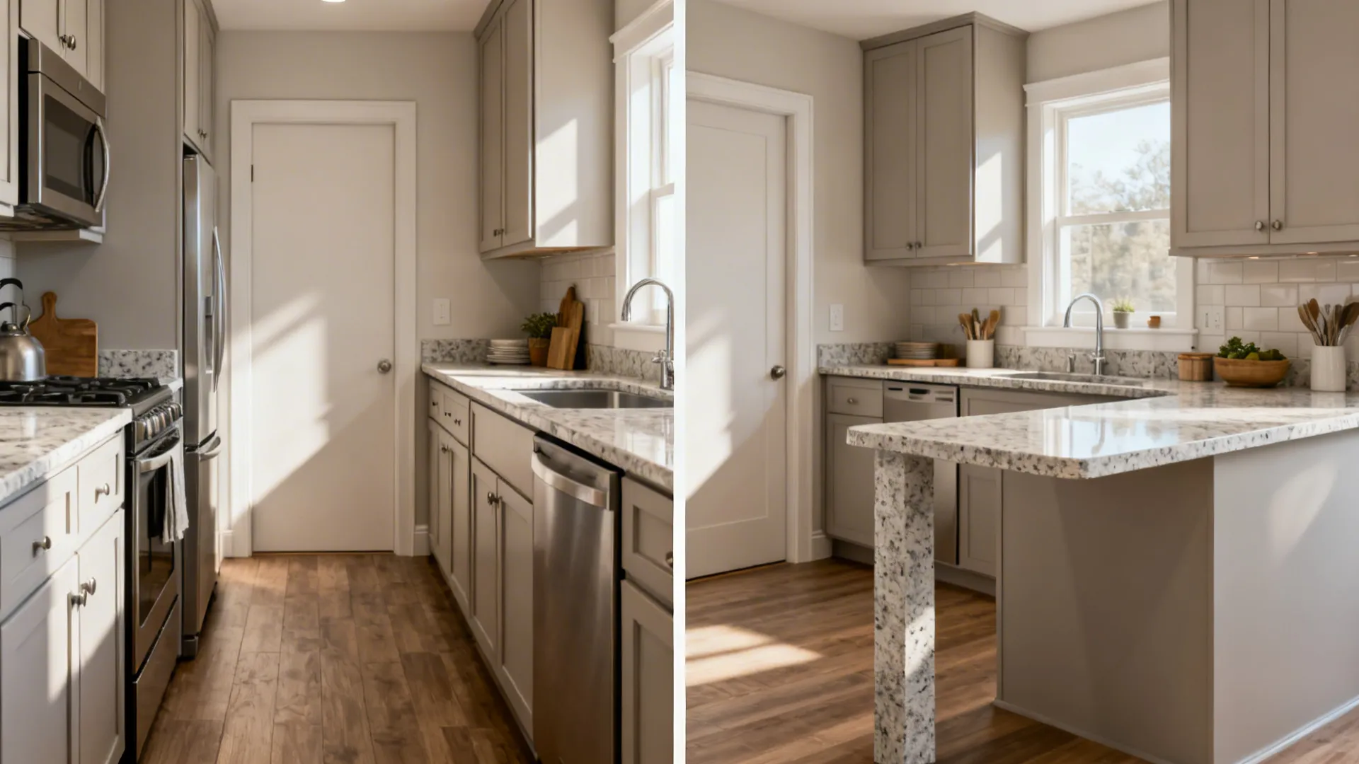 Before and after comparison showing how an L-shaped side counter adds landing space and improves flow.
