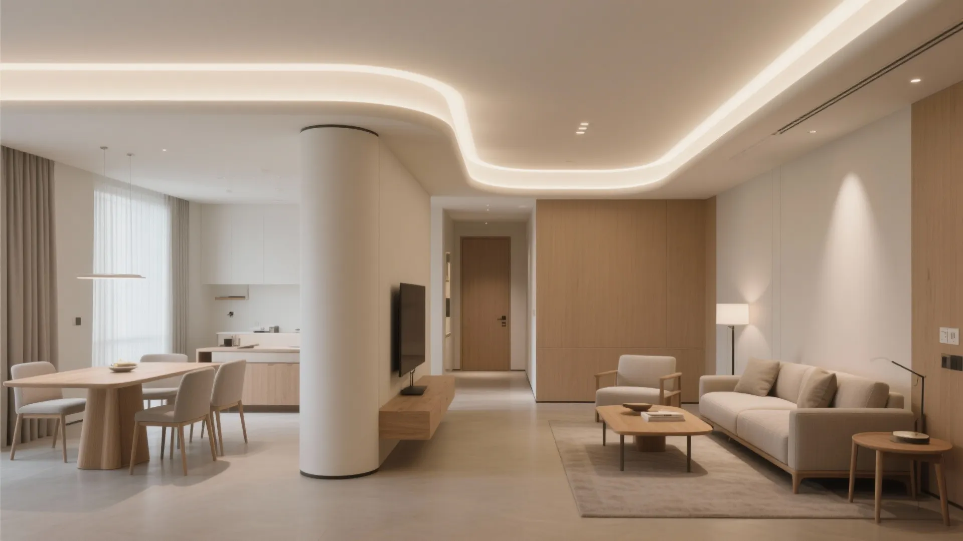 Modern living room with curved ceiling light strips wooden wall panels sofa and dining table