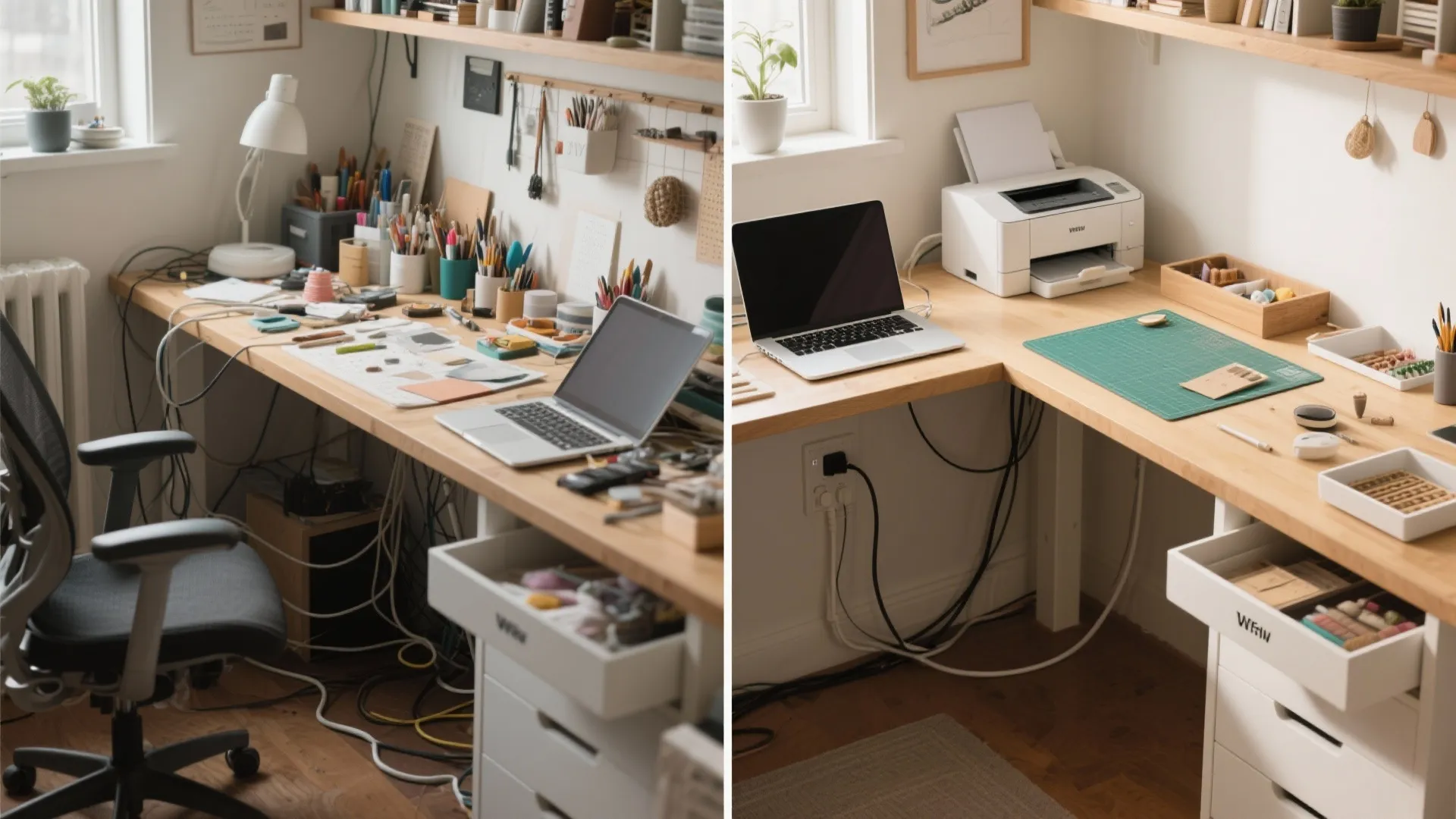 L-shaped desk layout to separate laptop work from crafting