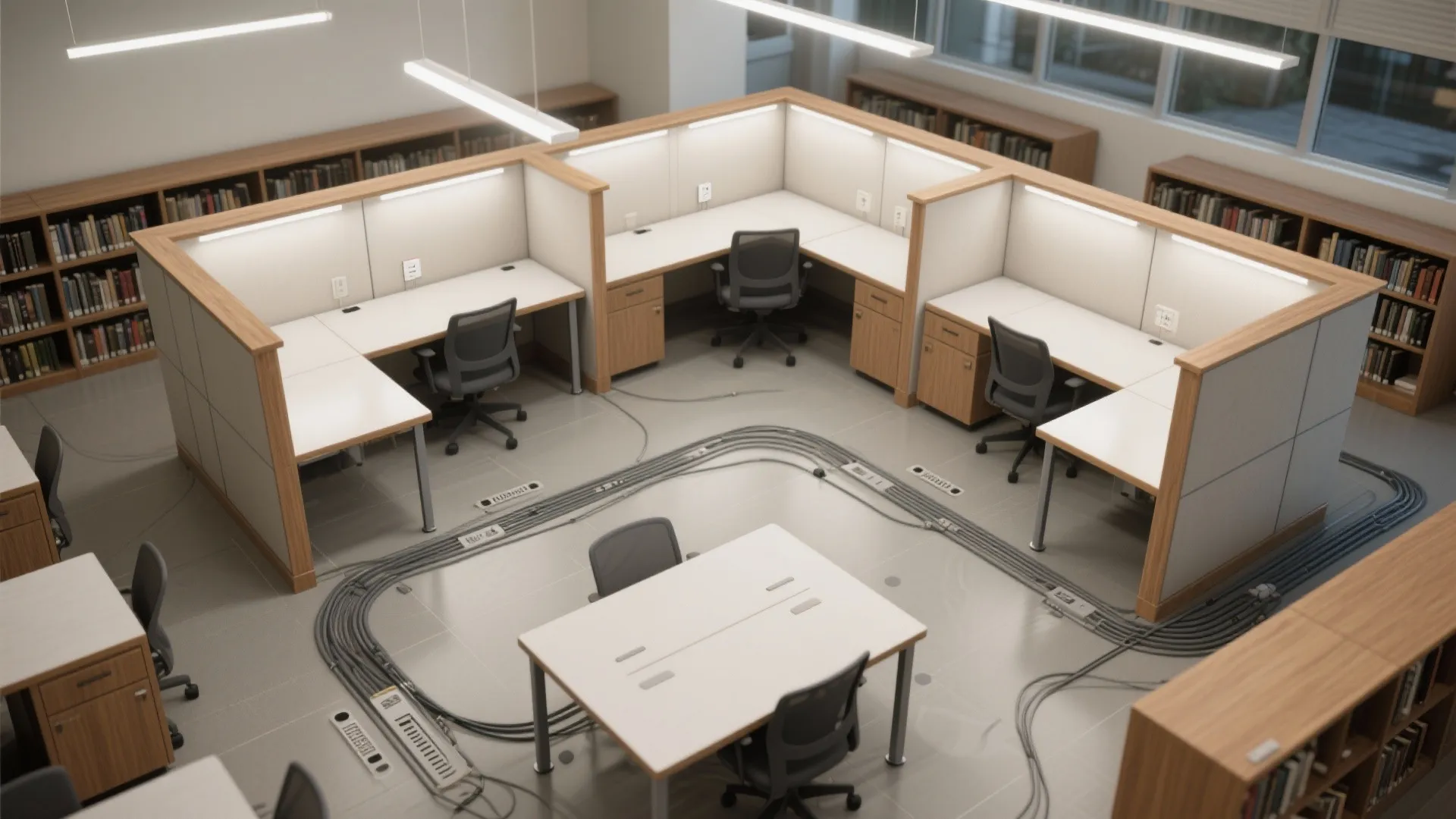 Office room layout with white desks wooden cabinets black chairs bookshelves and visible power floor cables