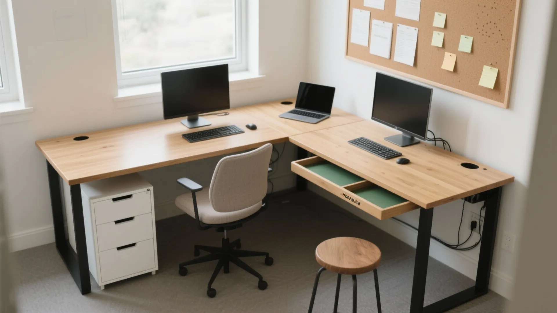 L-shaped workstation to maximize surface and circulation