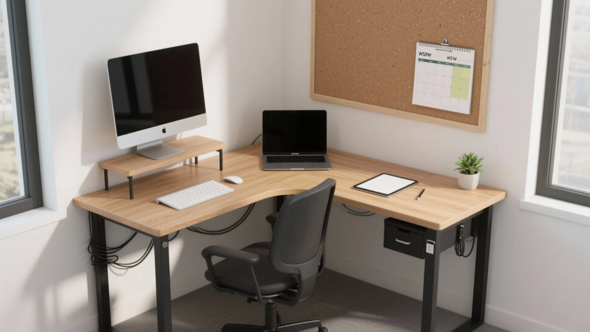 L-shaped desk to unlock corner power