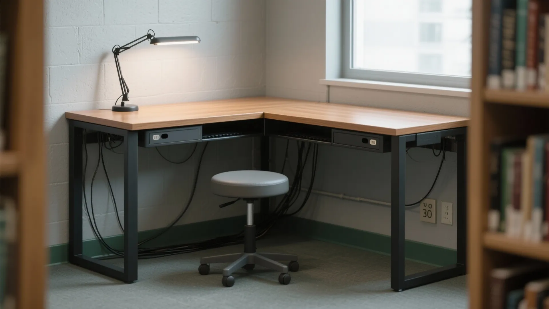 Corner L-shaped study desk with grommets, cable tray, LED task light, and clear circulation in a compact room