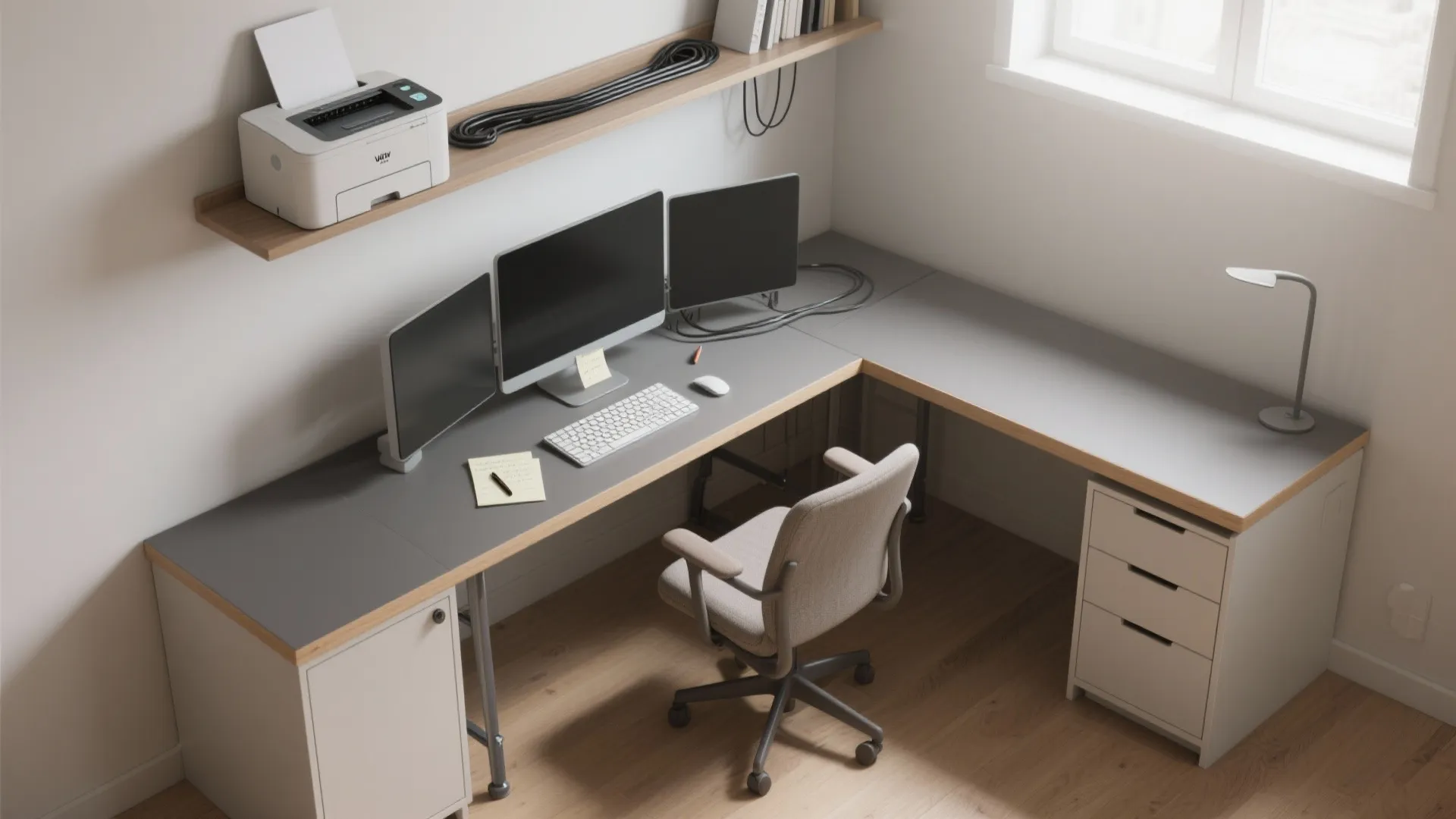L-shaped desk + wall-mounted support pieces