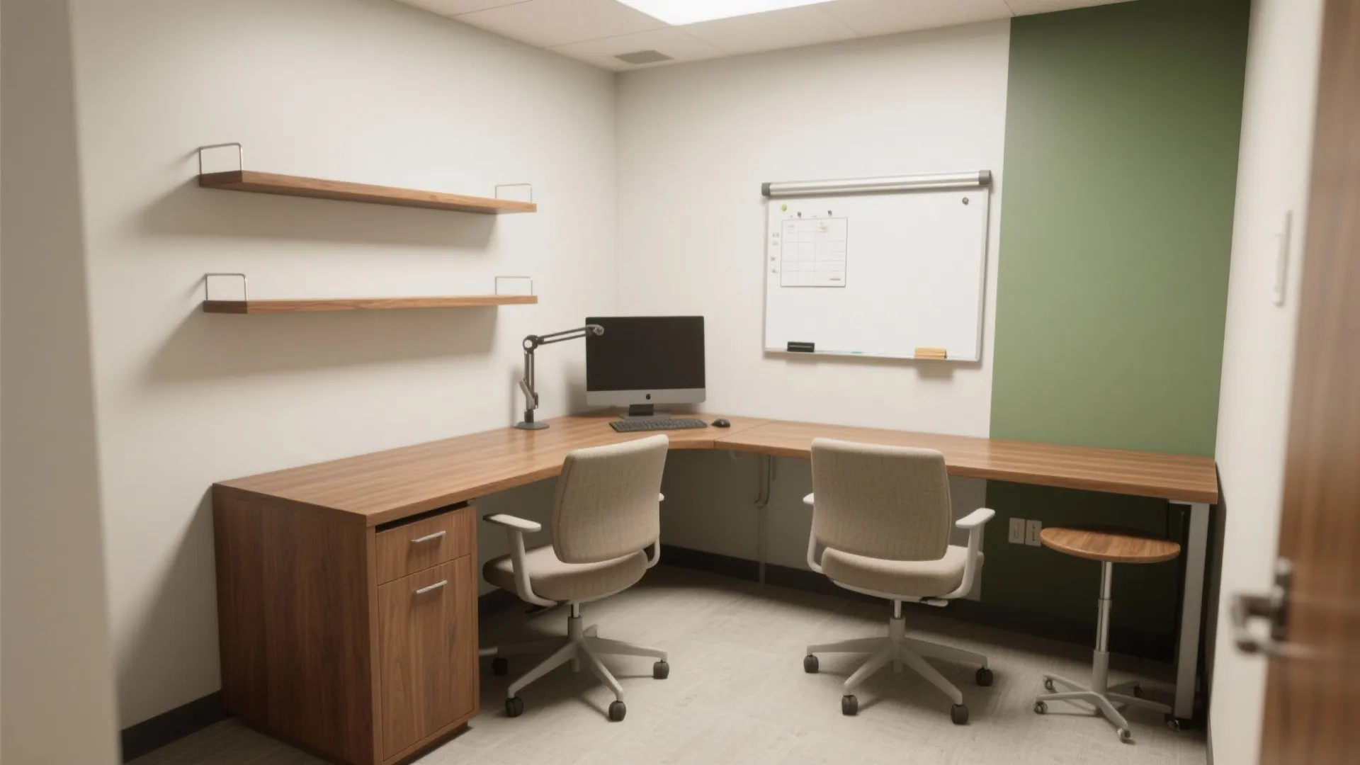 Compact corner study room with an L-shaped wood desk, wall shelves, a monitor arm, and a small mobile table.