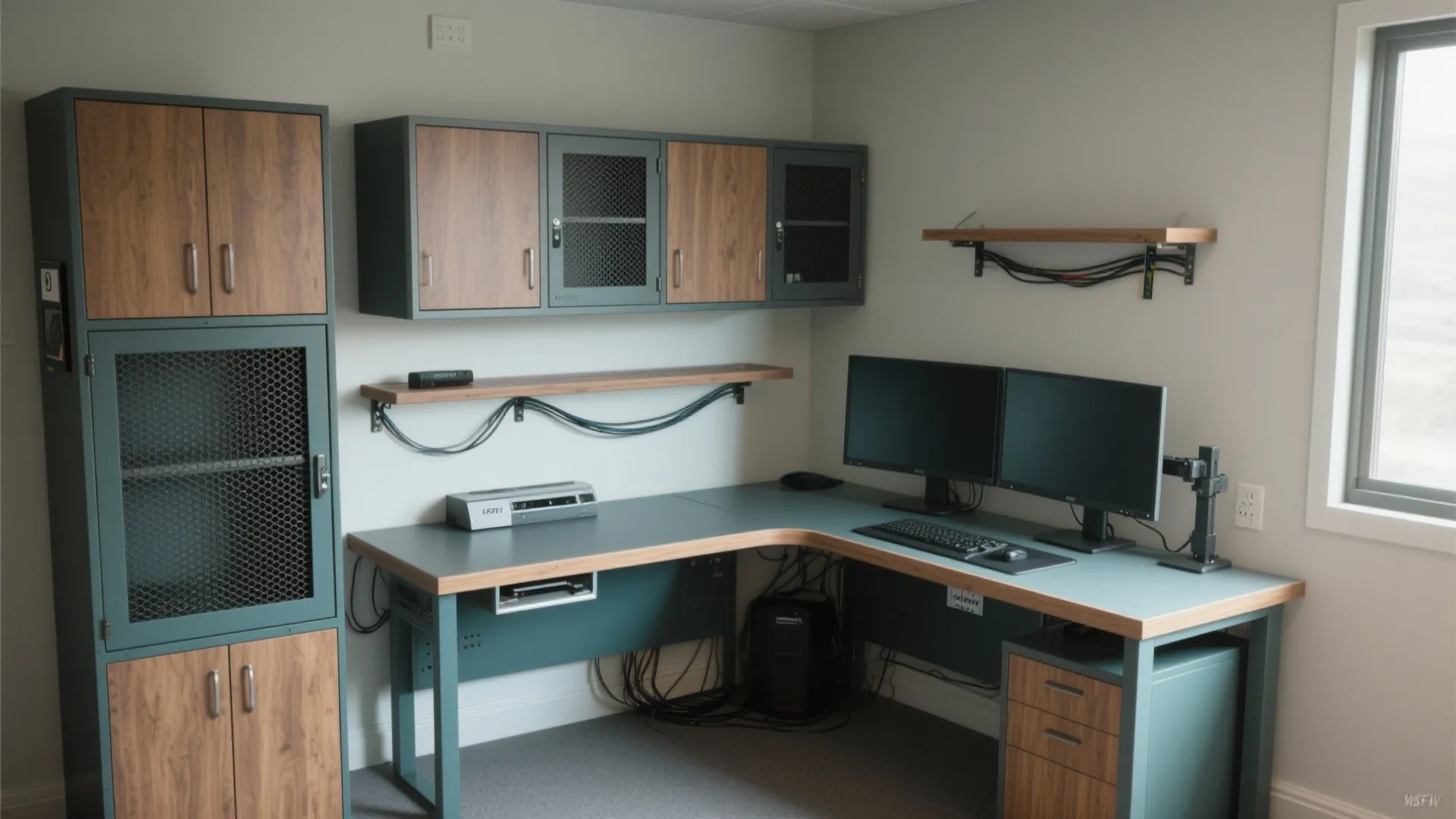 Corner-smart L-shaped setup + floating storage