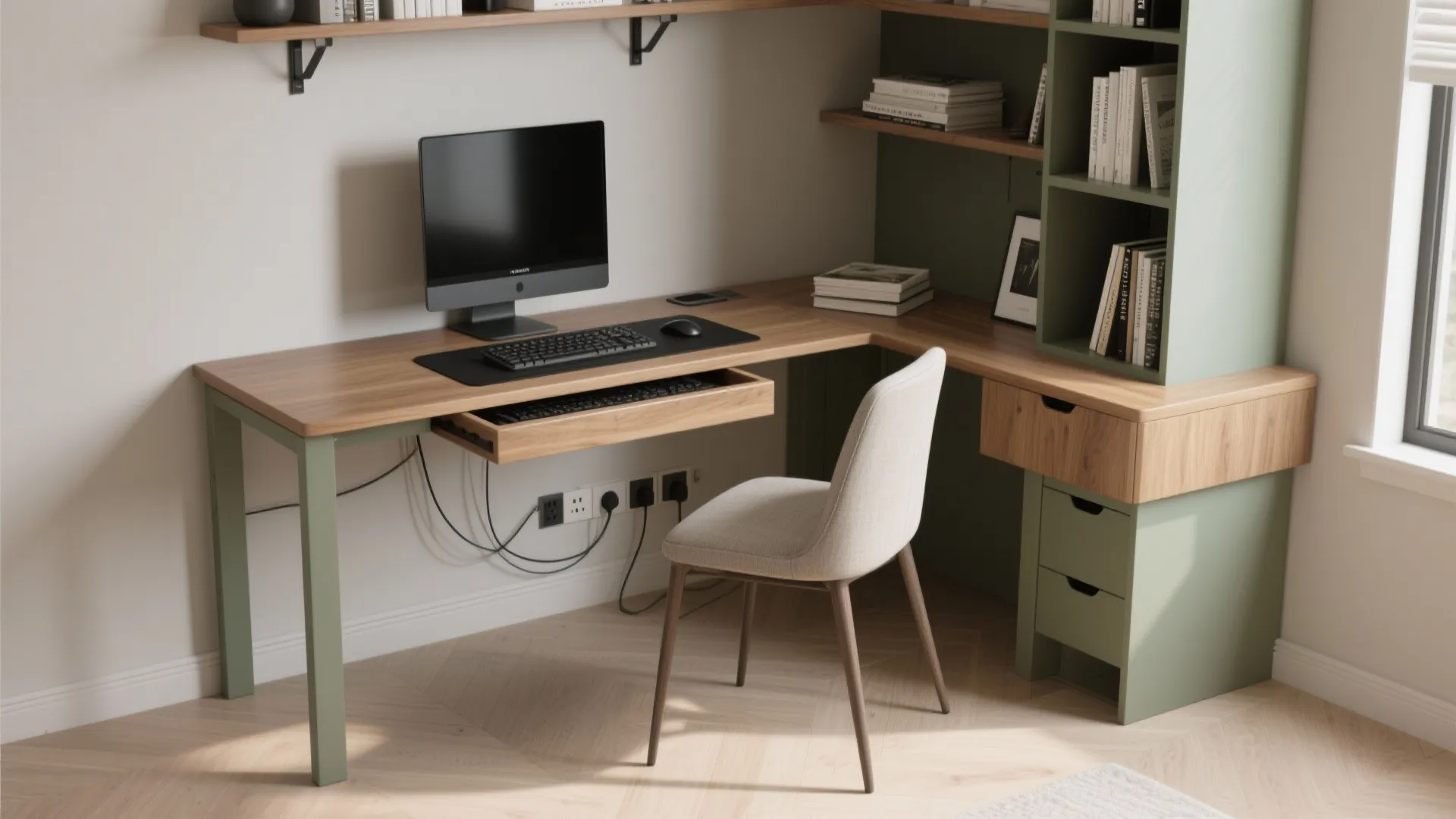 Corner L-shaped desk to unlock surface without crowding